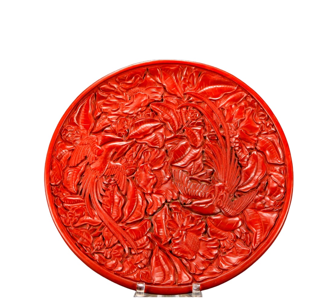 A Rare Carved Red Lacquer Flower and Bird Pattern Plate: A Rare Carved Red Lacquer Flower and Bird Pattern Plate,with an Imperial Poem by Emperor Qianlong,Qing Dynasty, China,Size:Diameter13.8in,Weight:1450g 剔红漆花鸟纹&