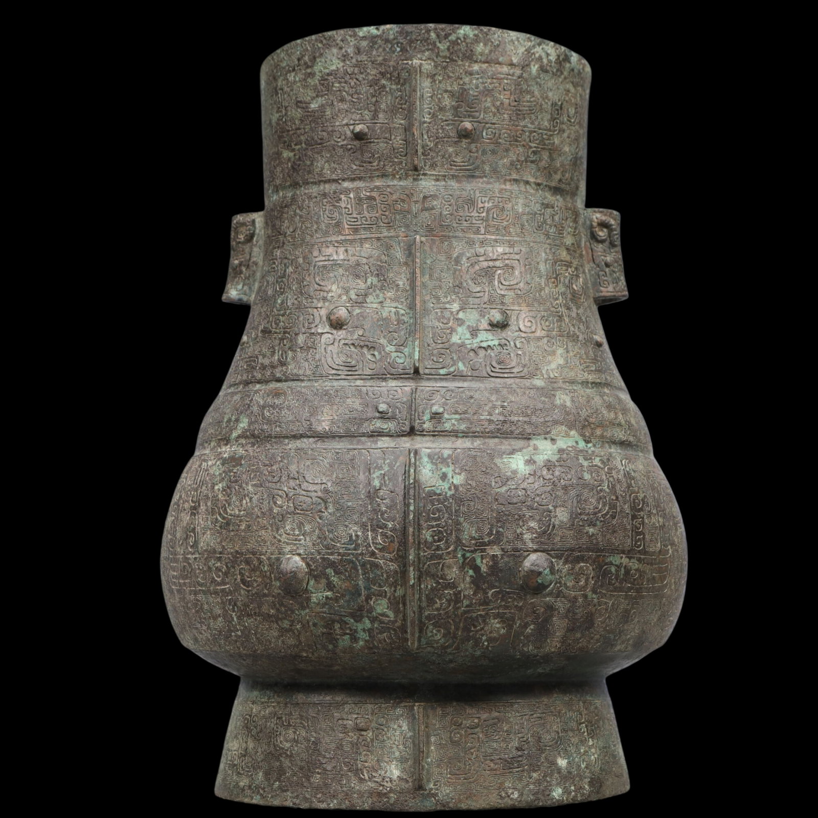 A Rare Bronze Beast-Face Pattern Double-Ears Vase,With Inscription: A Rare Bronze Beast-Face Pattern Double-Ears Vase,With Inscription,Ancient Time, China,Size:10.2inx5.9inx15in ;Weight:6750g 青铜兽面纹双耳瓶，