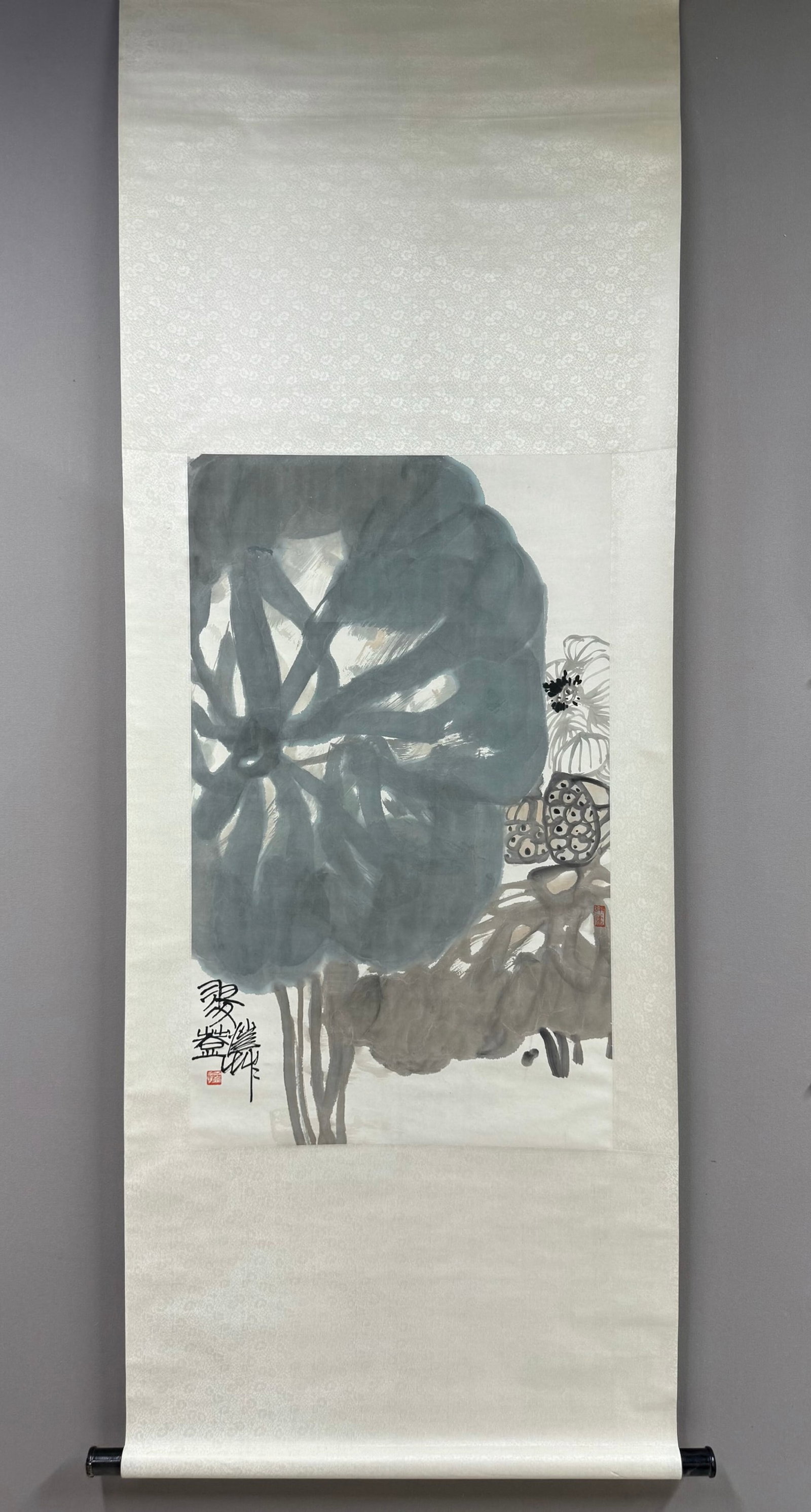 A Chinese Vertical Scroll Ink Painting of Lotus on Paper,Pan Gongkai: A Chinese Vertical Scroll Ink Painting of Lotus on Paper,Pan Gongkai,Size:37inx22.4in 一幅中国水墨荷花图立轴,潘公恺