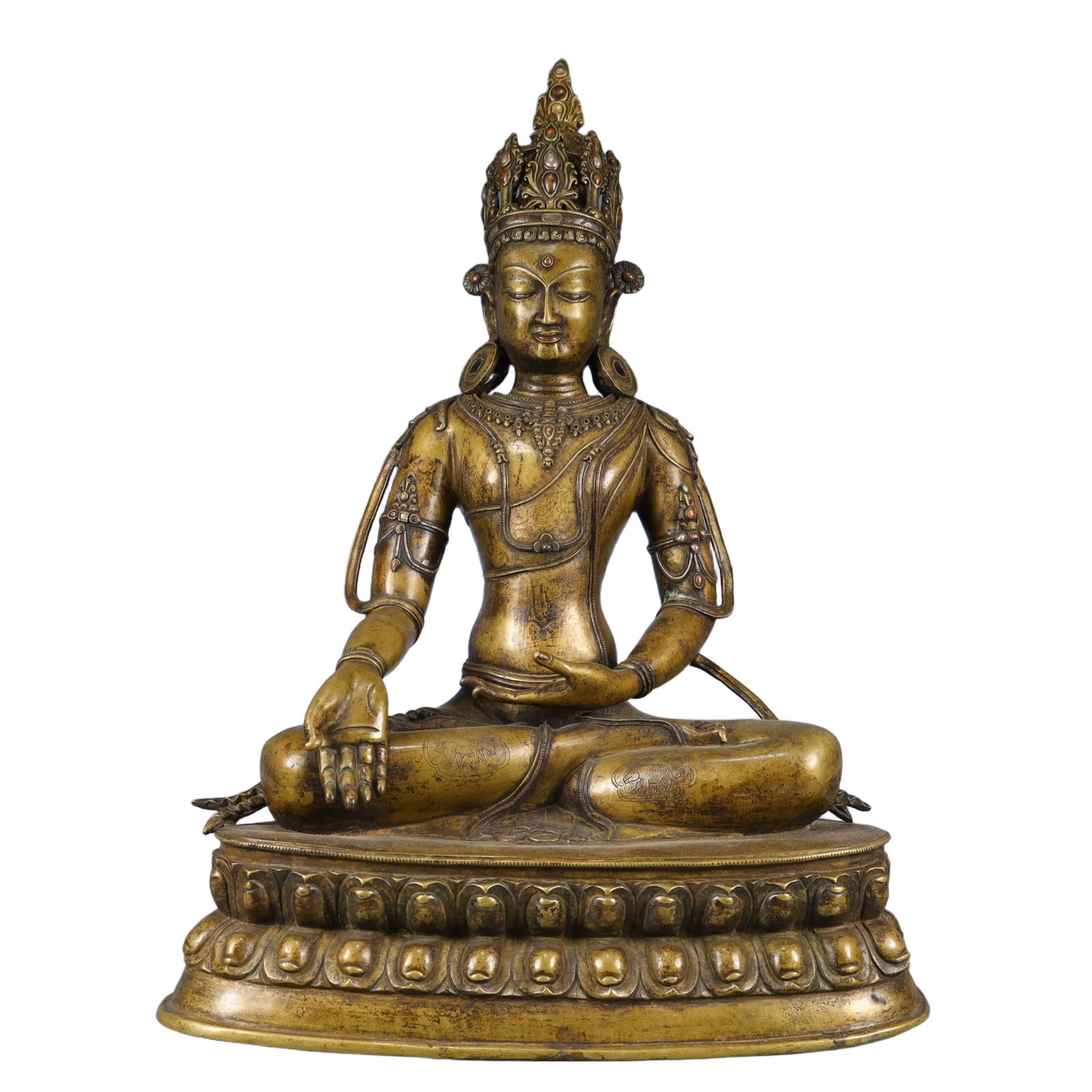 A Solemn Bronze Inlaid Gold and Silver Statue of Tara,Inlaid Gems: A Solemn Bronze Inlaid Gold and Silver Statue of Tara,Inlaid Gems,Qing Dynasty, China,Size:14.2inx9.1inx21.3in,Weight:12800g