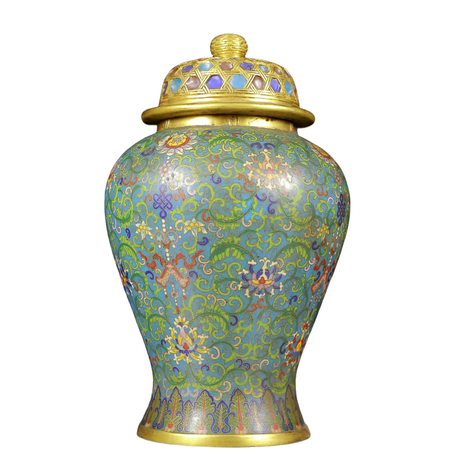 A Rare Cloisonne Bats and Peach Pattern with Cover Jar: A Rare Cloisonne Bats and Peach Pattern with Cover Jar,Qing Dynasty, China,Qianlong Four-character Mark,Size:7.5inx13.8in,Weight:6490g