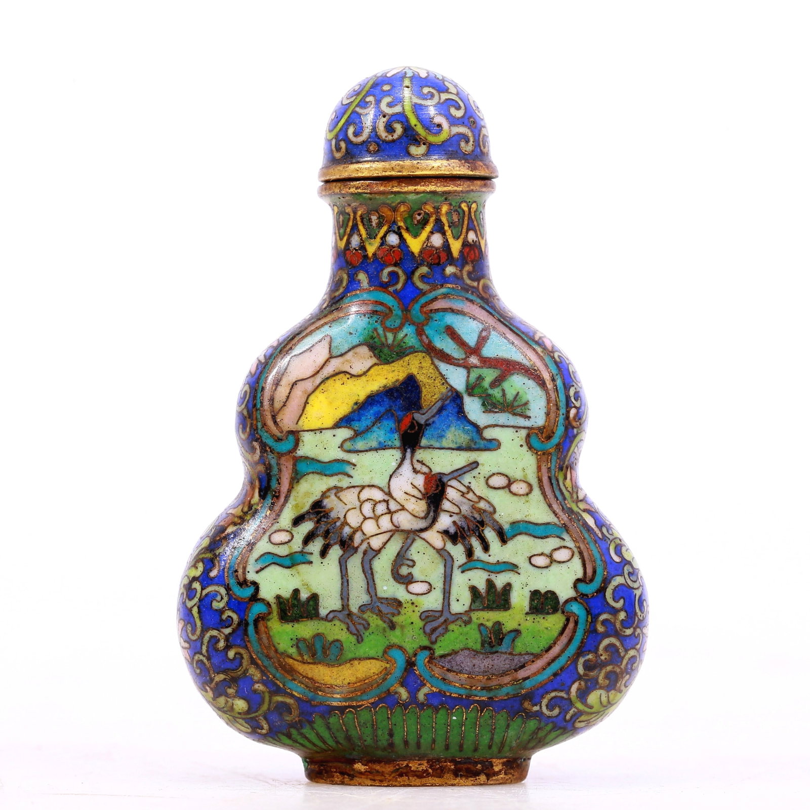 A Gorgeous Cloisonne 'Pine& Crane' Gourd-Form Snuff Bottle: A Gorgeous Cloisonne 'Pine& Crane' Gourd-Form Snuff Bottle. Enameled in polychrome with cranes with detailed, fine feather markings, all reserved on a sapphire ground. Chinese Qing Dynasty. Size:1.6in