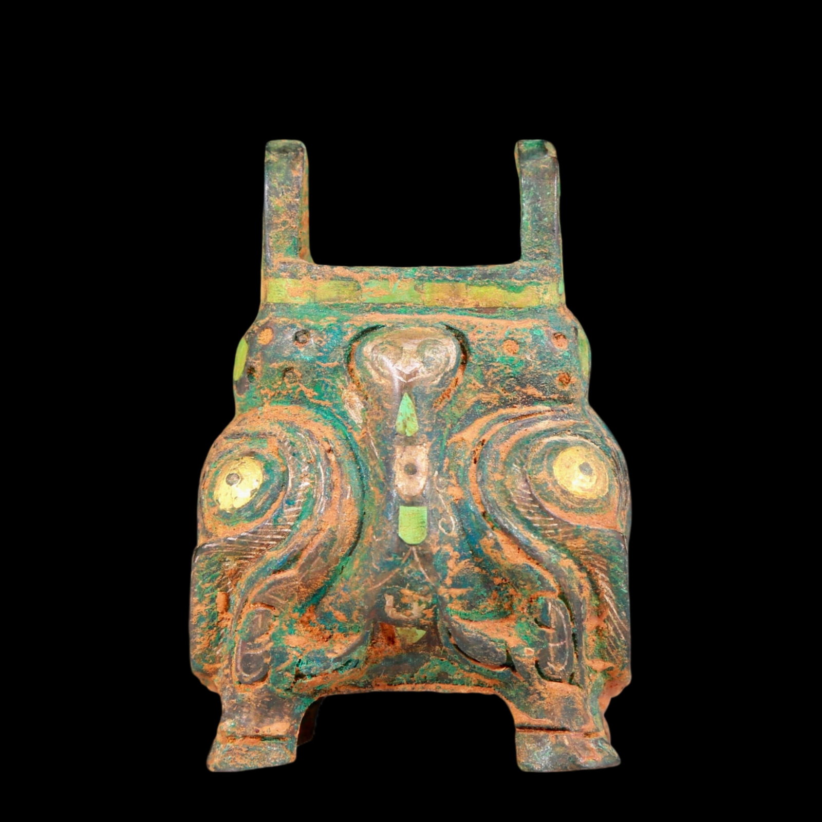 A precious bronze incense burner with two ears and four legs inlaid with gold and silver and animal: A precious bronze incense burner with two ears and four legs inlaid with gold and silver animal masks, ancient times, Size: 2inx1.6inx2.8in, Weight: 236.3g 铜嵌金银兽&