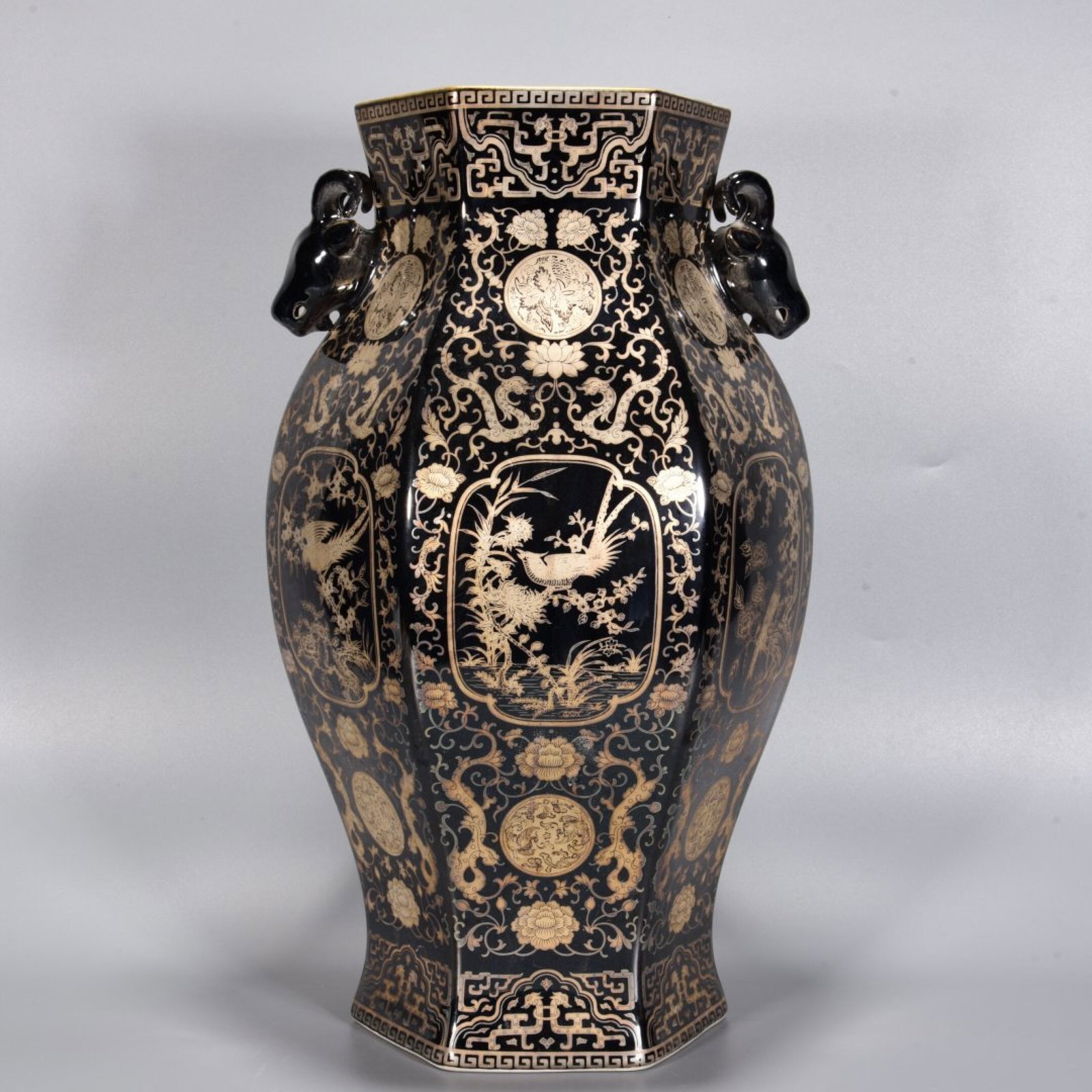 A Huge Ugyen Glazed Painted Silver Lotus and Dragon Pattern Deer-Ears Vase: A Huge Ugyen Glazed Painted Silver Lotus and Dragon Pattern Deer-Ears Vase,Qing Dynasty,China,Qianlong Six-character Mark,Size:17.3inx9.8in 乌金釉描银缠枝!