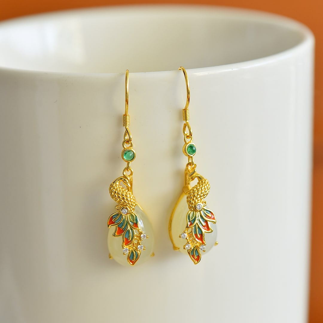 A Pair of Exquisite Sterling Silver-Gold Plated Inlaid White Jade Peacock Earrings,Inlaid Diamond: A Pair of Exquisite Sterling Silver-Gold Plated Inlaid White Jade Peacock Earrings,Inlaid Diamond,Size:10mmx14mm 一对纯银镀金镶白玉孔雀