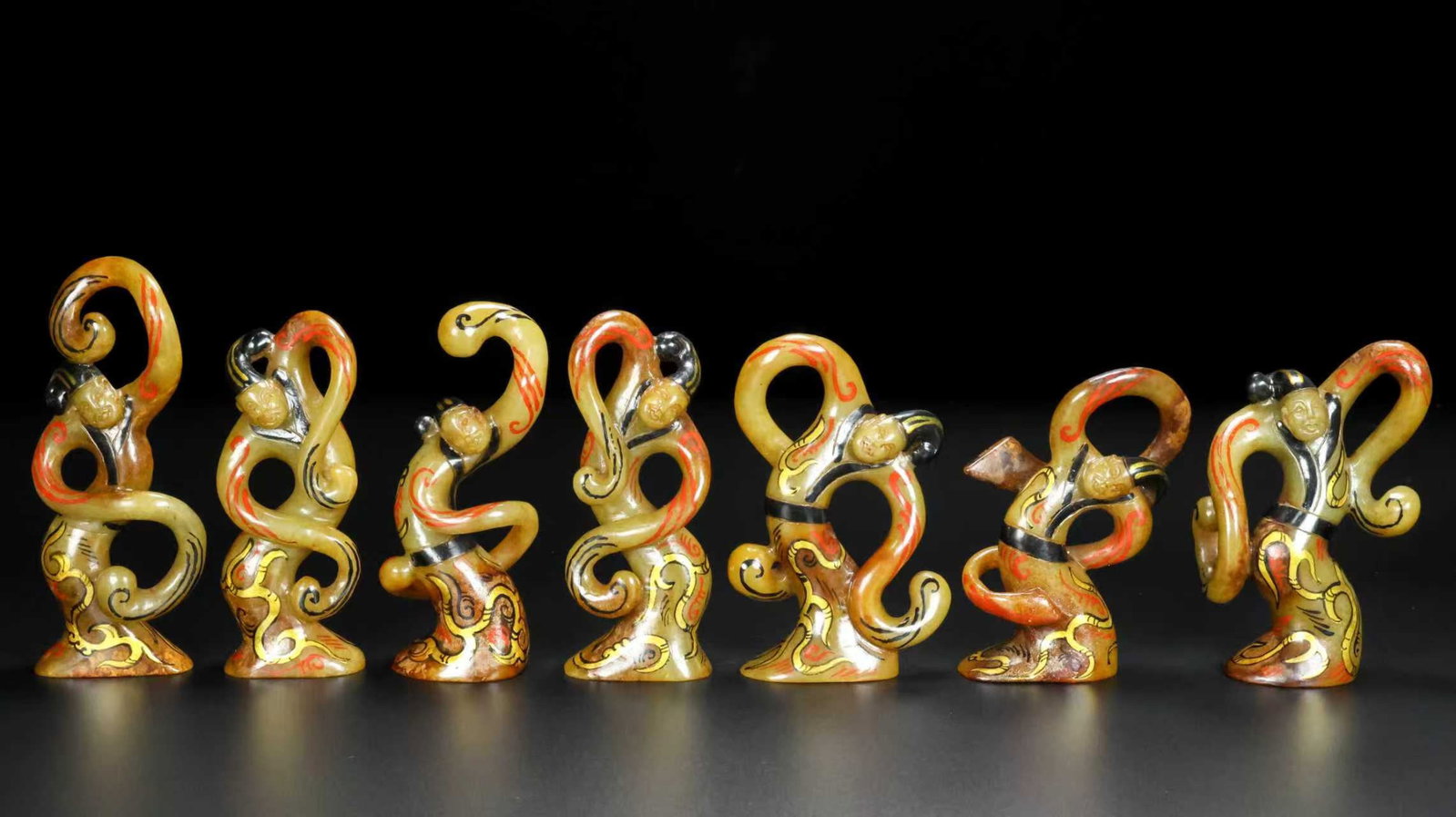 A Set of Fine White Jade Painted Color Figure Ornaments: A Set of Fine White Jade Painted Color Figure Ornaments,Qing Dynasty,China,Size:4.3inx0.8inx2in,Weight:685g