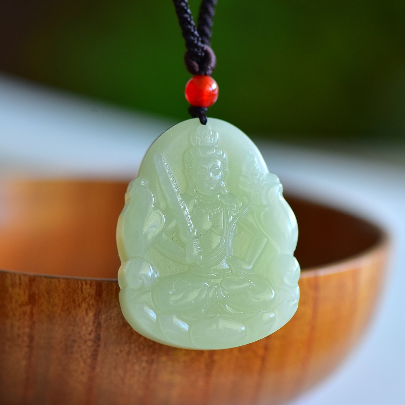 An Exquisite Greenish Jade Bodhisattva and Buffalo Pattern Pendant: An Exquisite Greenish Jade Bodhisattva and Buffalo Pattern Pendant,Size:44mmx34mmx8mm