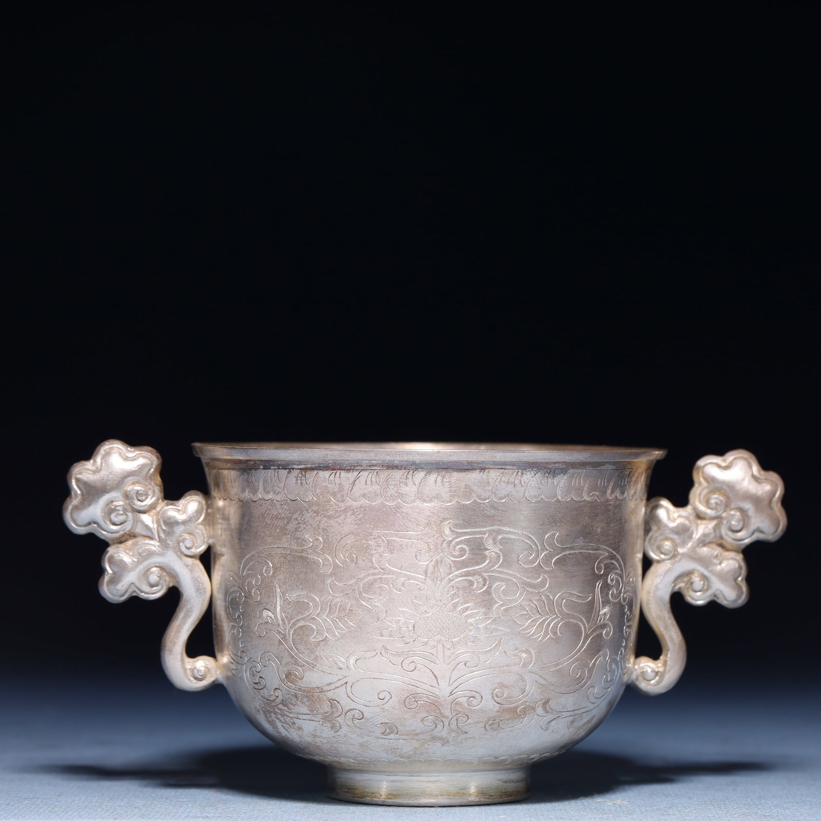 An Exquisite Silver Lotus Pattern Double-Ears Cup: An Exquisite Silver Lotus Pattern Double-Ears Cup,Qing Dynasty,China,Size:2.4inx4.7inx3.1in,Weight:159.2g