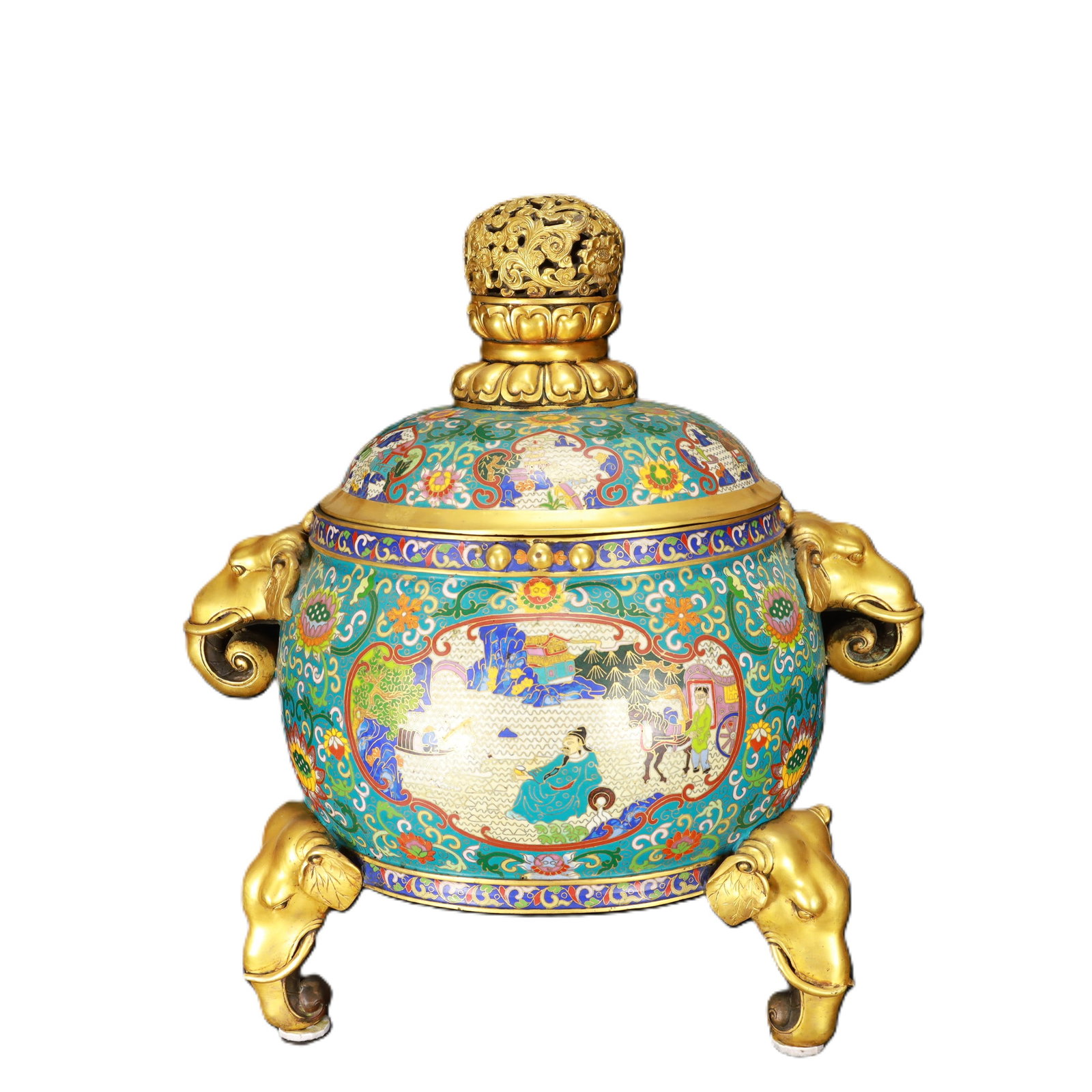 An Exquisite Cloisonne Character and Story Pattern Double-Ears and Tripod Censer: An Exquisite Cloisonne Character and Story Pattern Double-Ears and Tripod Censer,Qing Dynasty,China,Qianlong Four-character Mark,Size:16.5inx12.2inx19.7in,Weight:17150g
