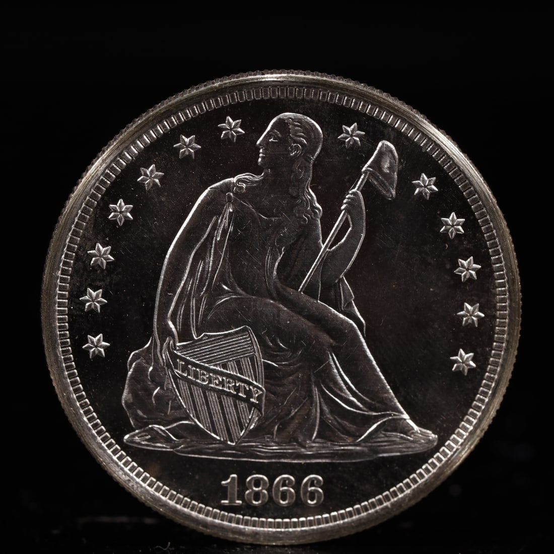 USA One Dollar 1866 Coin: American coin. IN GOD WE TRUST / LIBERTY / 1866 / UNITED STATES OF AMERICA / ONE DOL. Weight:26.9g.