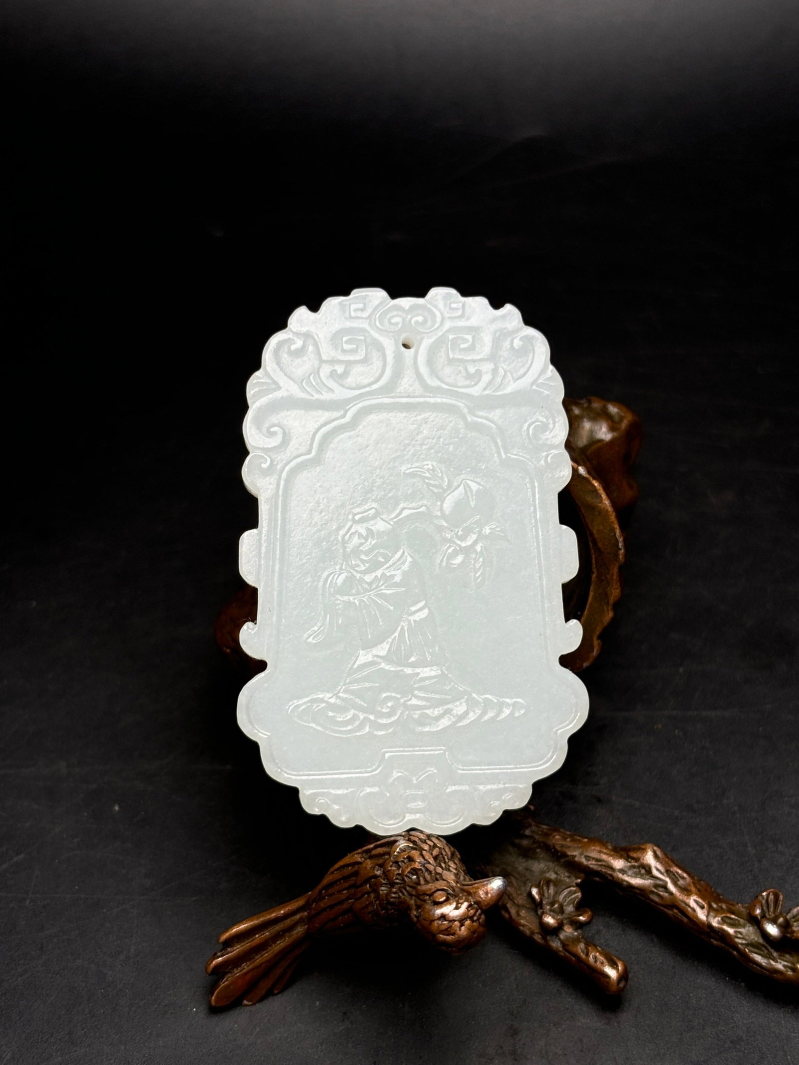 An Exquisite White Jade Character and Story Pattern Pendant: An Exquisite White Jade Character and Story Pattern Pendant,Qing Dynasty,China,Size:2.3inx1.4inx0.2in,Weight:30g