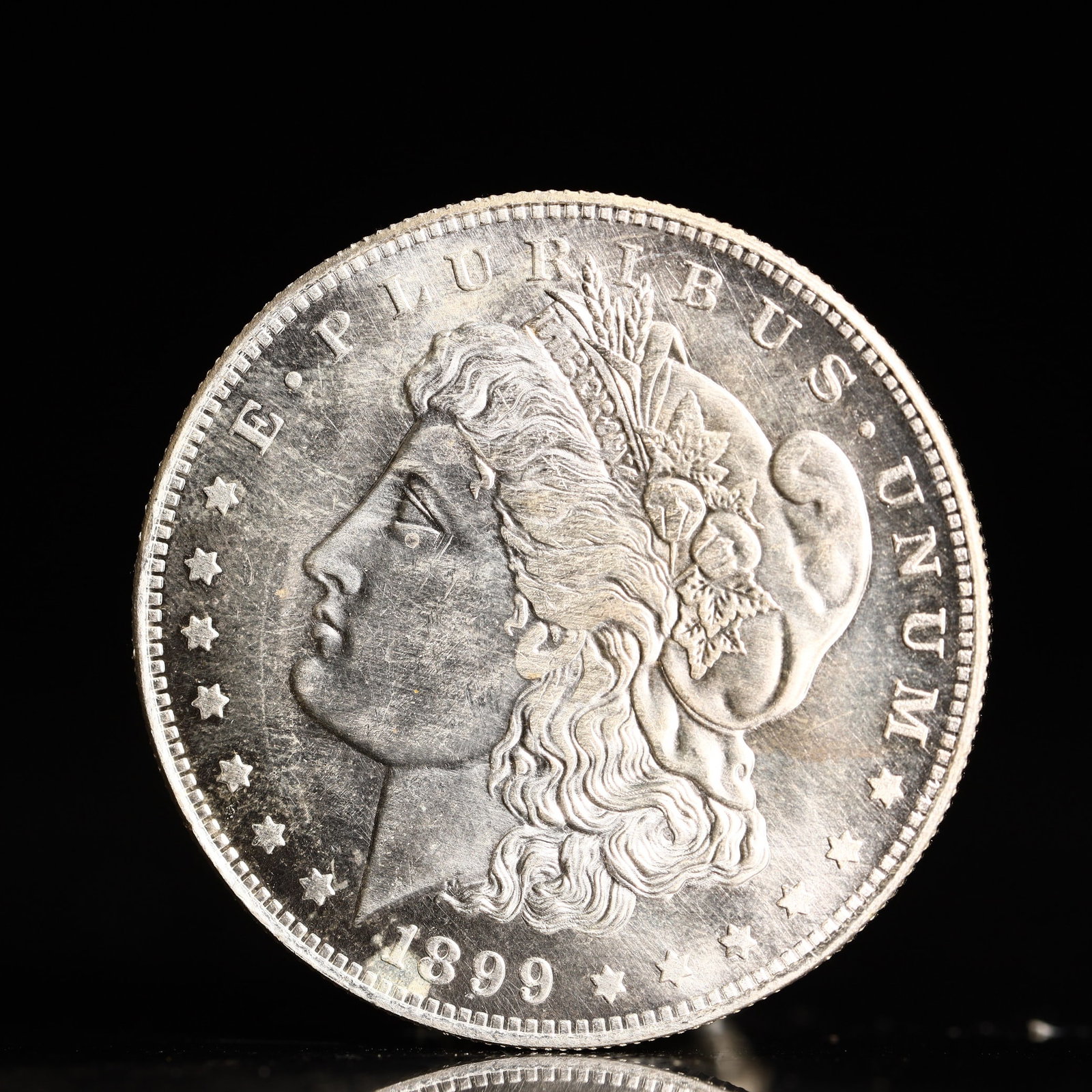 USA Morgan Dollar 1899 Coin: Obv: profile bust with date below and E PLURIBUS UNUM legend and stars around. Rev: eagle with In God we trust above within wreath with UNITED STATES OF AMERICA ONE DOLLAR legend. IN GOD WE TRUST / LI