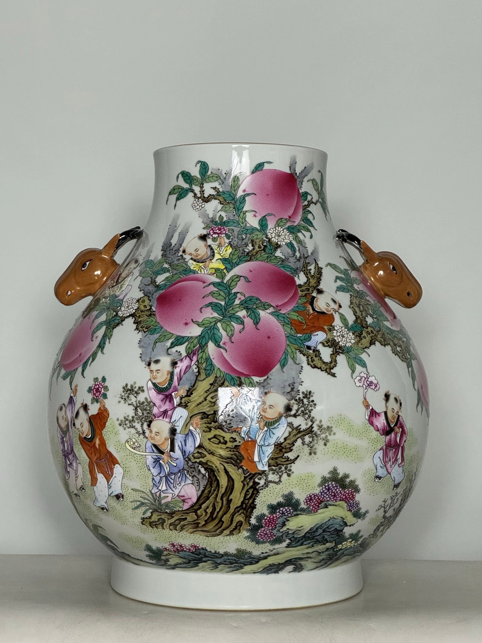A Huge Famille-Rose Character and Story Pattern Deer-Ears Jar,with poem: A Huge Famille-Rose Character and Story Pattern Deer-Ears Jar,with poem,Qing Dynasty,China,Qianlong Six-character Mark,Size:18.7inx16.5in