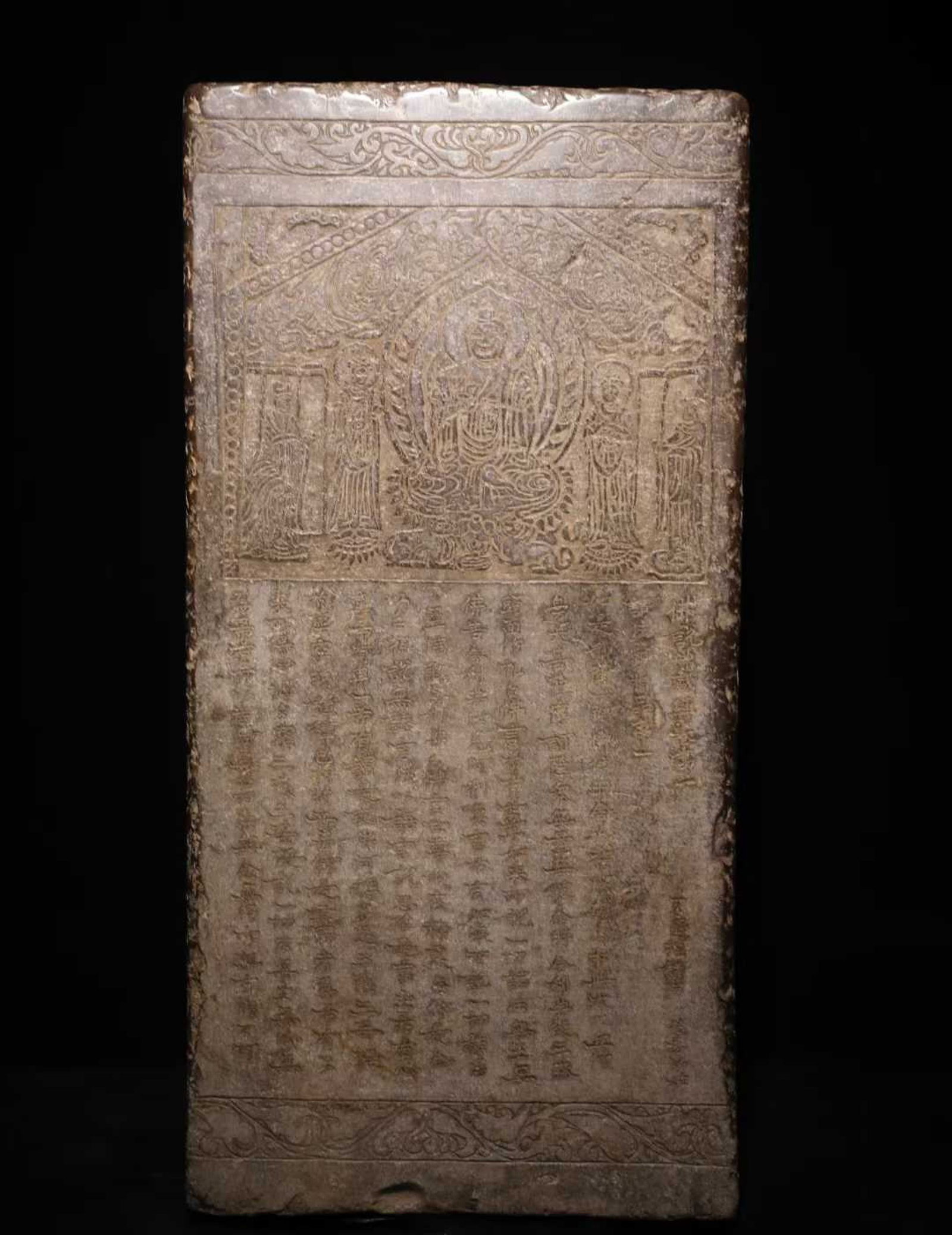 A Solemn Limestone Craved Buddha Pillar,With Scriptures: A Solemn Limestone Craved Buddha Pillar,With Scriptures,Tang Dynasty,China,Size:32.3inx16.5inx12.2in 青石佛柱,带经文,中国唐代
