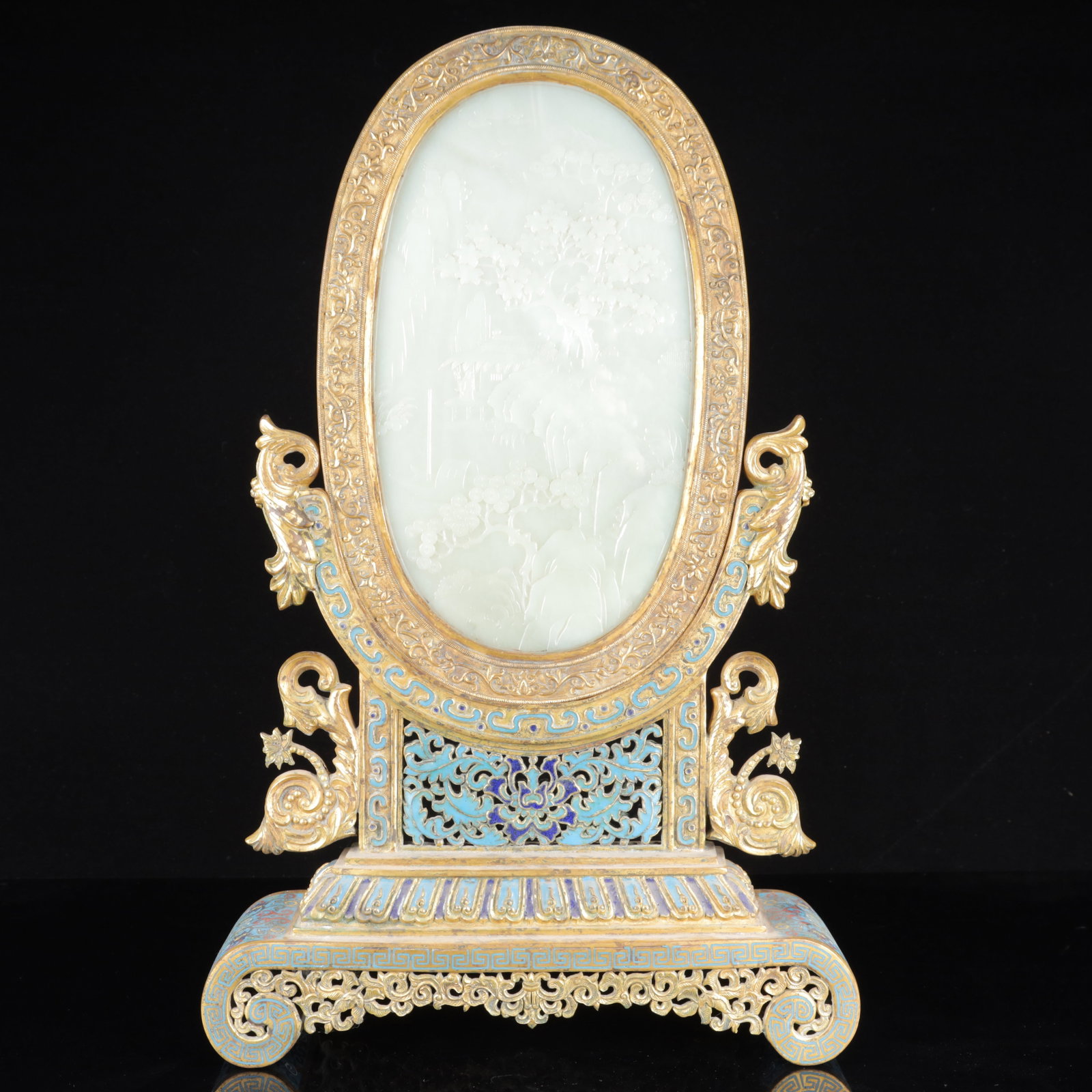 An Exquisite Cloisonne Inlaid White Jade Landscape Pattern Table Screen,with poem: An Exquisite Cloisonne Inlaid White Jade Landscape Pattern Table Screen,with poem,Qing Dynasty, China,Qianlong Four-character Mark,Size:18.9inx11.8inx3.1in,Weight:2750g 景泰蓝嵌