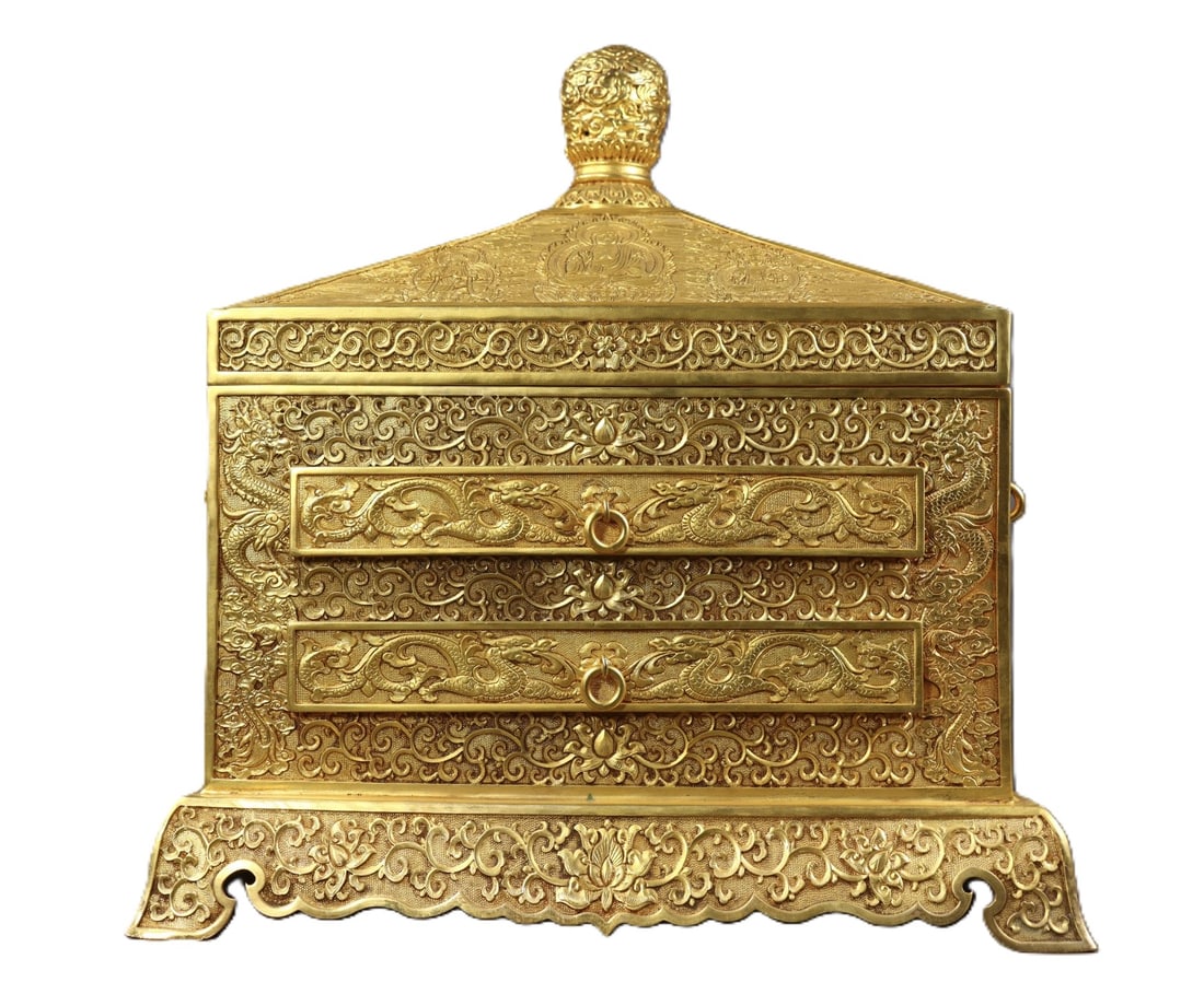 A Set of Fine Gilt Bronze Lotus and Dragon Pattern Box,With Scriptures and Cash Coins: A Set of Fine Gilt Bronze Lotus and Dragon Pattern Box,With Scriptures and Cash Coins,Qing Dynasty,China,Qianlong Four-character Mark,Size:(Box)14.2inx13.6inx10in,(Scripture)71.3inx7.9in,(Cash Coin)0.