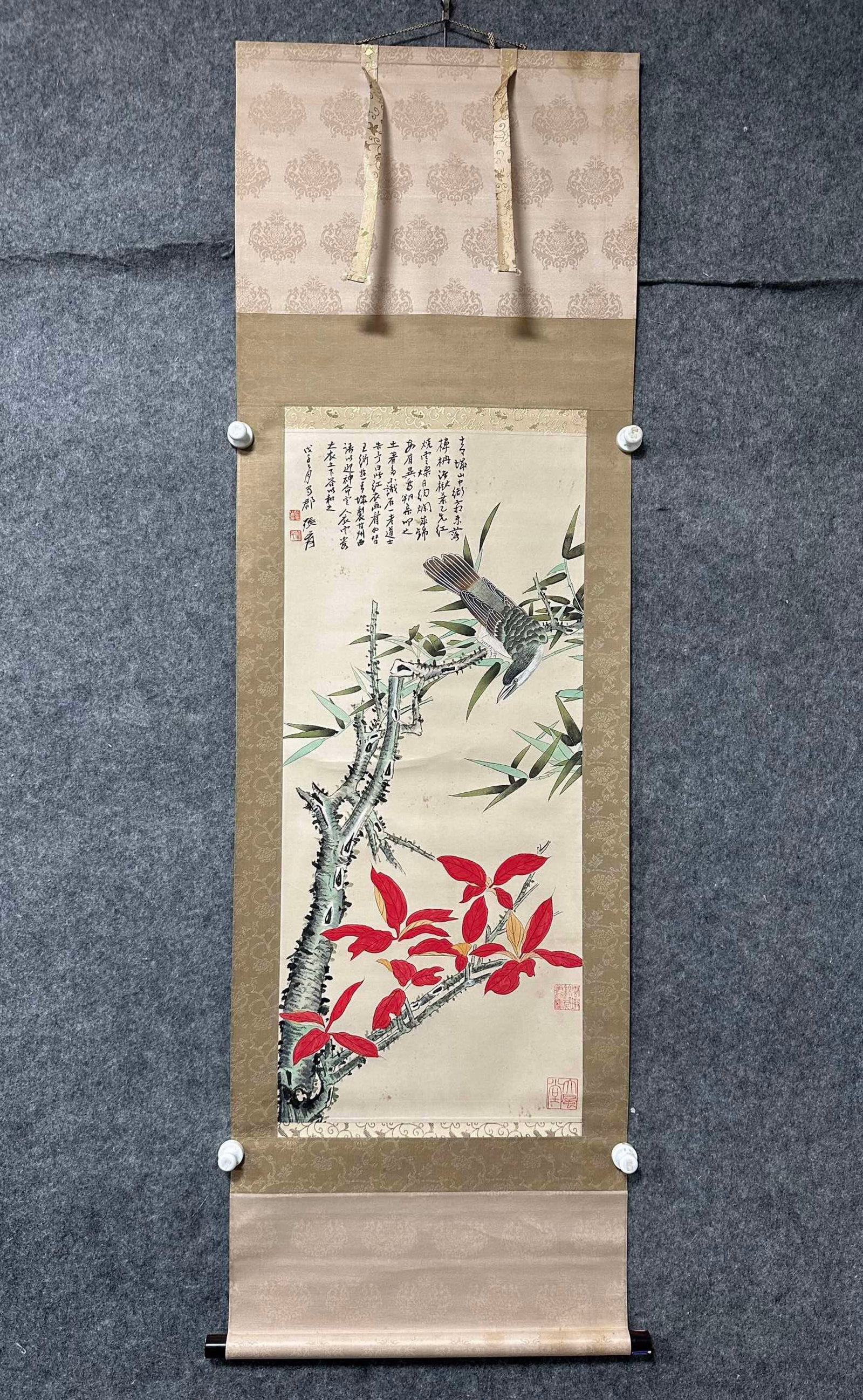 A Chinese Vertical Scroll Ink Painting of Flower and Bird on Paper: A Chinese Vertical Scroll Ink Painting of Flower and Bird on Paper,Zhang Daqian,Size:15.9inx36.2in 一幅中国水墨花鸟画立轴,张
