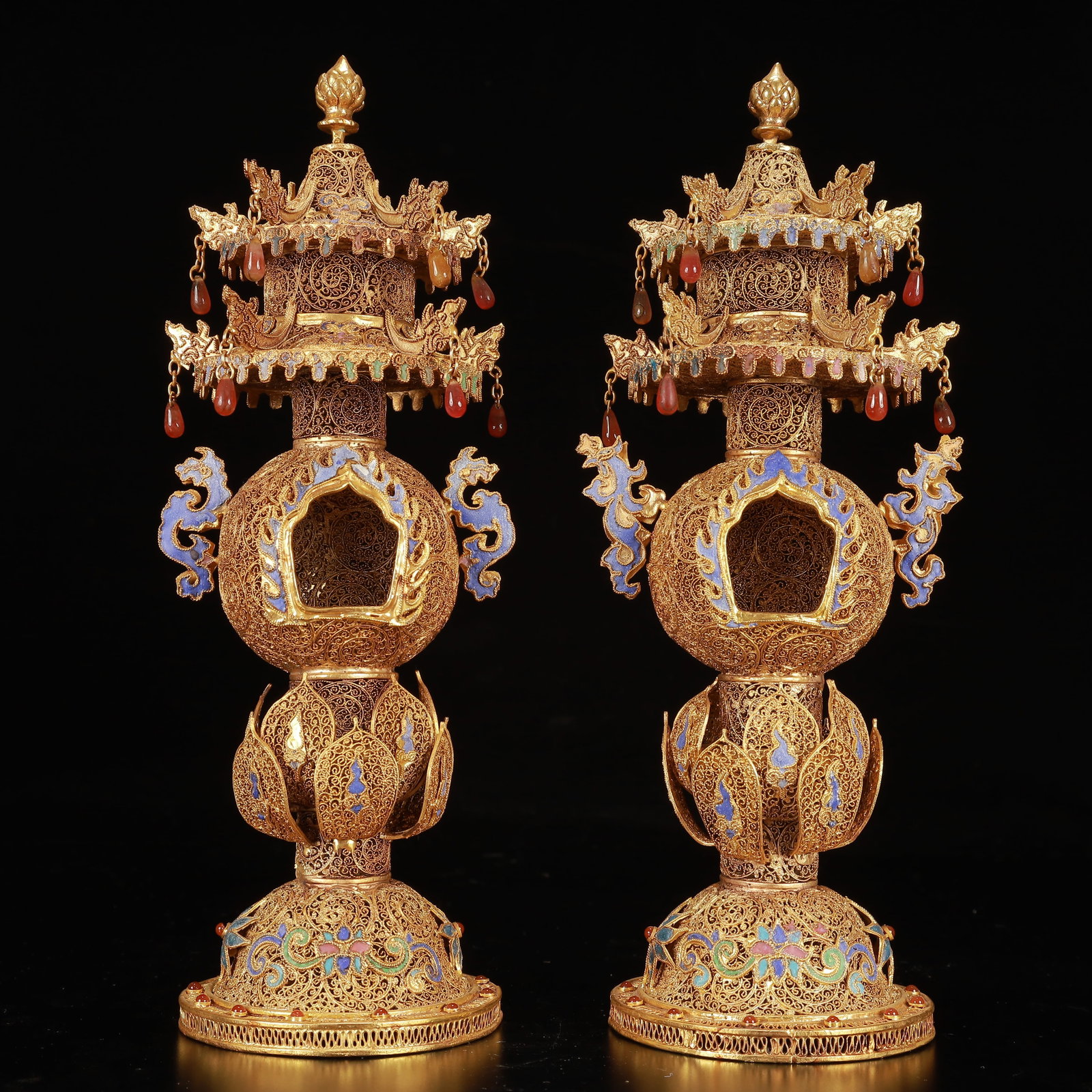 A Pair of Rare Cloisonne Gilt Dragon-Ears Lotus Tower Ornaments,Inlaid Gems: A Pair of Rare Cloisonne Gilt Dragon-Ears Lotus Tower Ornaments,Inlaid Gems,Qing Dynasty, China,Size:3.9inx11.8in,Weight:1350g 一对掐丝珐琅鎏金龙&