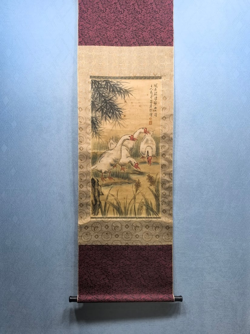 A Chinese Vertical Scroll Ink Painting of Goose on Paper,Xu Beihong: A Chinese Vertical Scroll Ink Painting of Goose on Paper,Xu Beihong,Size:(Without frame)15.7inx30.7in