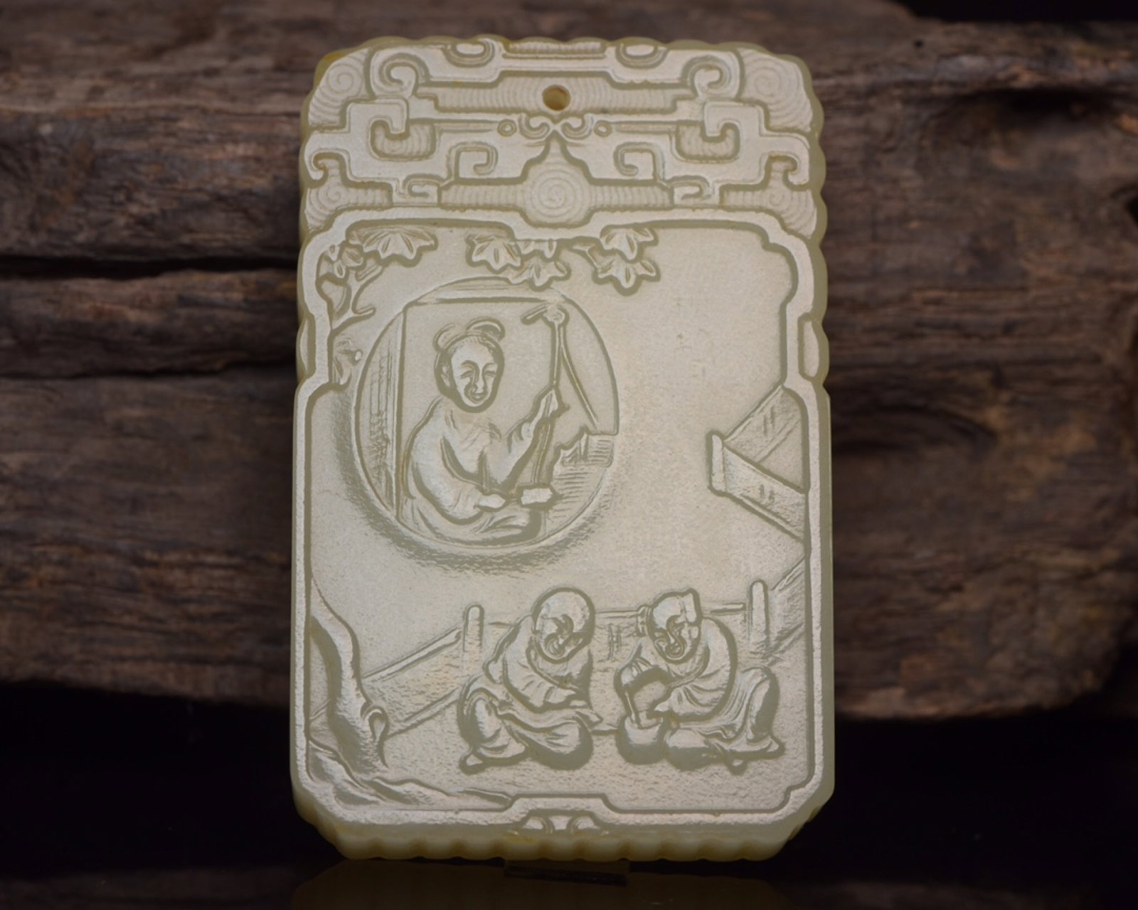An Exquisite White Jade Character and Story Pattern Pendant,with poem: An Exquisite White Jade Character and Story Pattern Pendant,with poem,Qing Dynasty,China,Size:2.5inx1.6inx0.4in,Weight:80g 白玉人物故事纹牌,带#