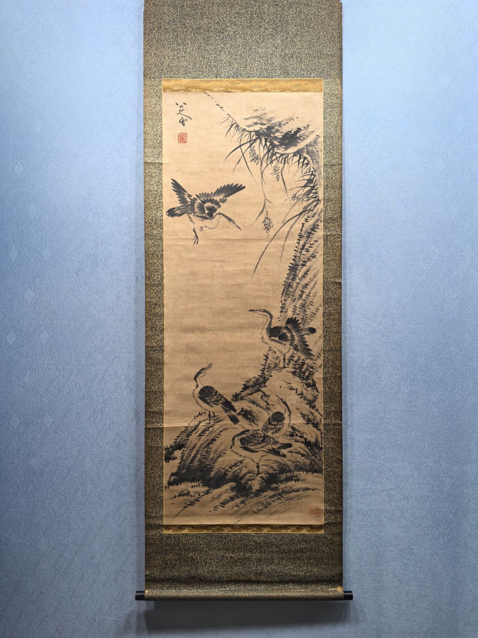 A Chinese Vertical Scroll Ink Painting of Flower and Bird on Paper: A Chinese Vertical Scroll Ink Painting of Flower and Bird on Paper,Bada Shanren,Size:20.1inx54.1in 一幅中国水墨花鸟画立轴,八