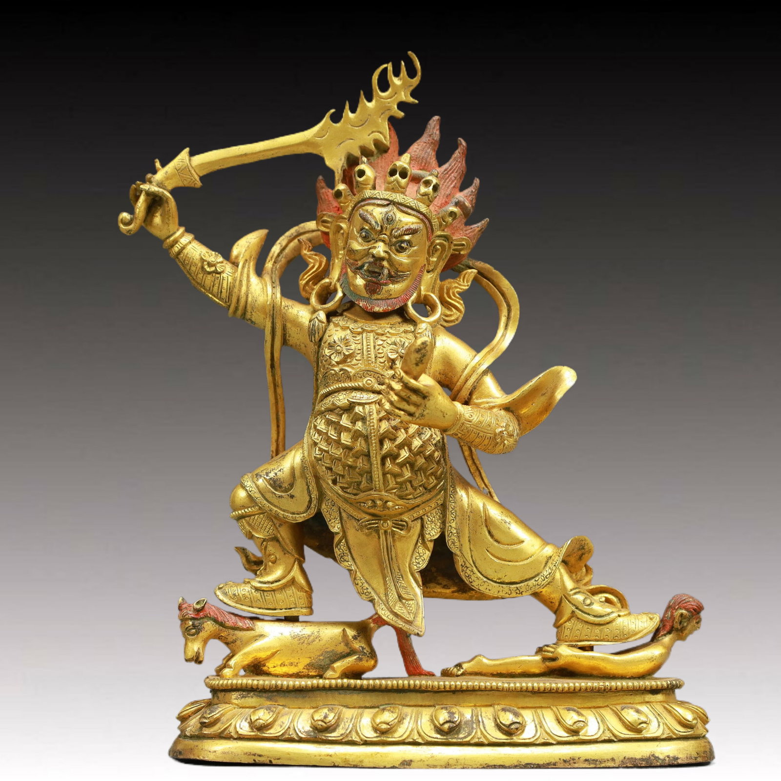 A Solemn Gilt Bronze Statue of Yamantaka: A Solemn Gilt Bronze Statue of Yamantaka,Qing Dynasty, China,Qianlong Mark,Size:5.7inx2.4inx7.5in Weight:1650g