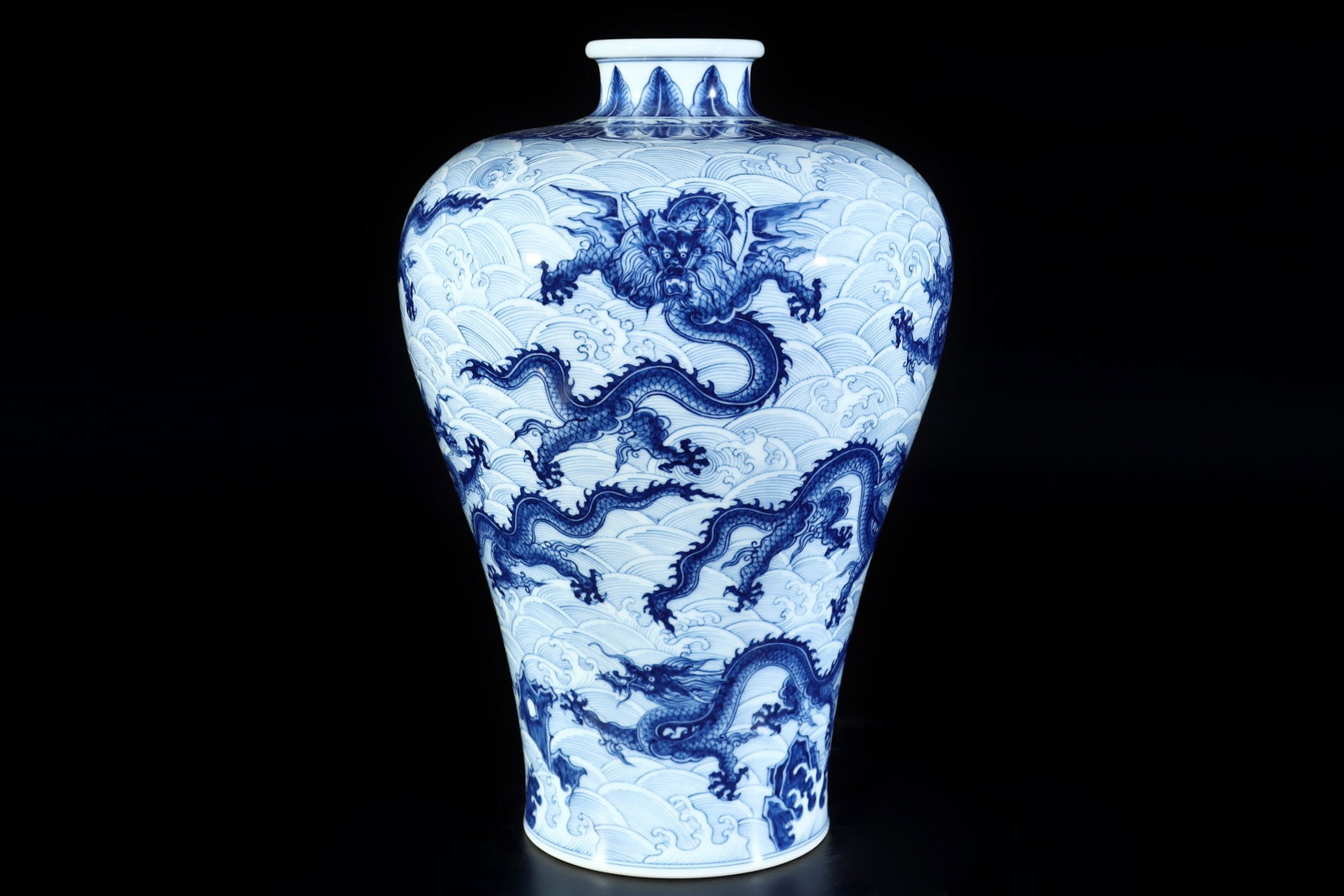 A Rare Blue and White Seawater and Dragon Pattern Vase: A Rare Blue and White Seawater and Dragon Pattern Vase,Qing Dynasty,China,Qianlong Six-character Mark,Size:13.2inx9.1in
