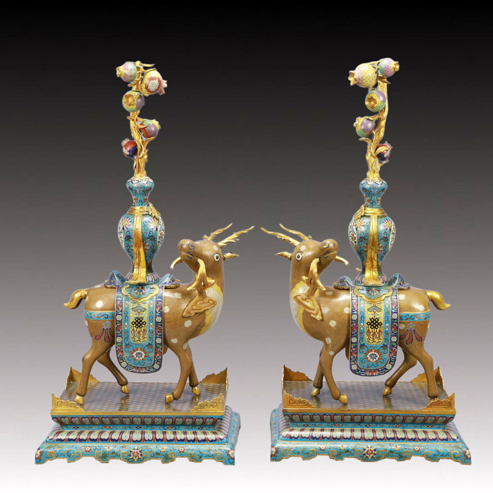 A Pair of Huge Cloisonne Sika Deer Ornaments: A Pair of Huge Cloisonne Sika Deer Ornaments,Qing Dynasty, China,Qianlong Four-character Mark,Size:12.6inx8.7inx26.4in,Total Weight:10700g