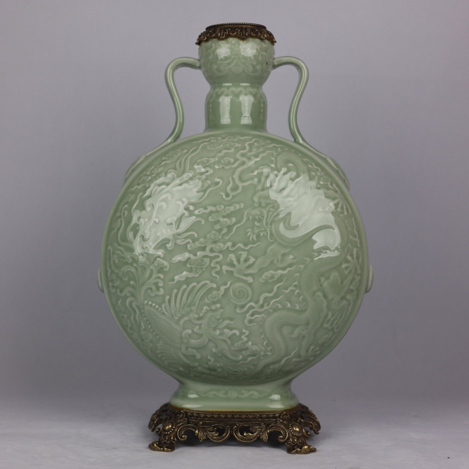 A Huge Celadon Glazed Inlaid Bronze Dragon and Phoenix Pattern Double-Ears Vase: A Huge Celadon Glazed Inlaid Bronze Dragon and Phoenix Pattern Double-Ears Vase,Qing Dynasty,China,Qianlong Six-character Mark,Size:17.3inx6.7in 粉青釉镶铜龙凤