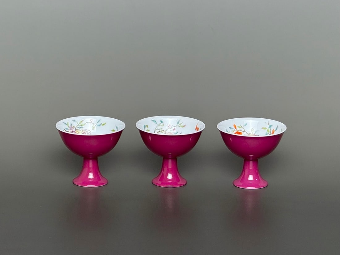 A Set of Fine Ruby Red-Glazed Enamel Fruit Pattern Stem Cups (1 of 9)
