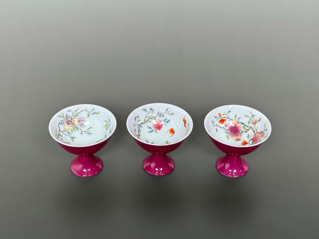 A Set of Fine Ruby Red-Glazed Enamel Fruit Pattern Stem Cups - 2