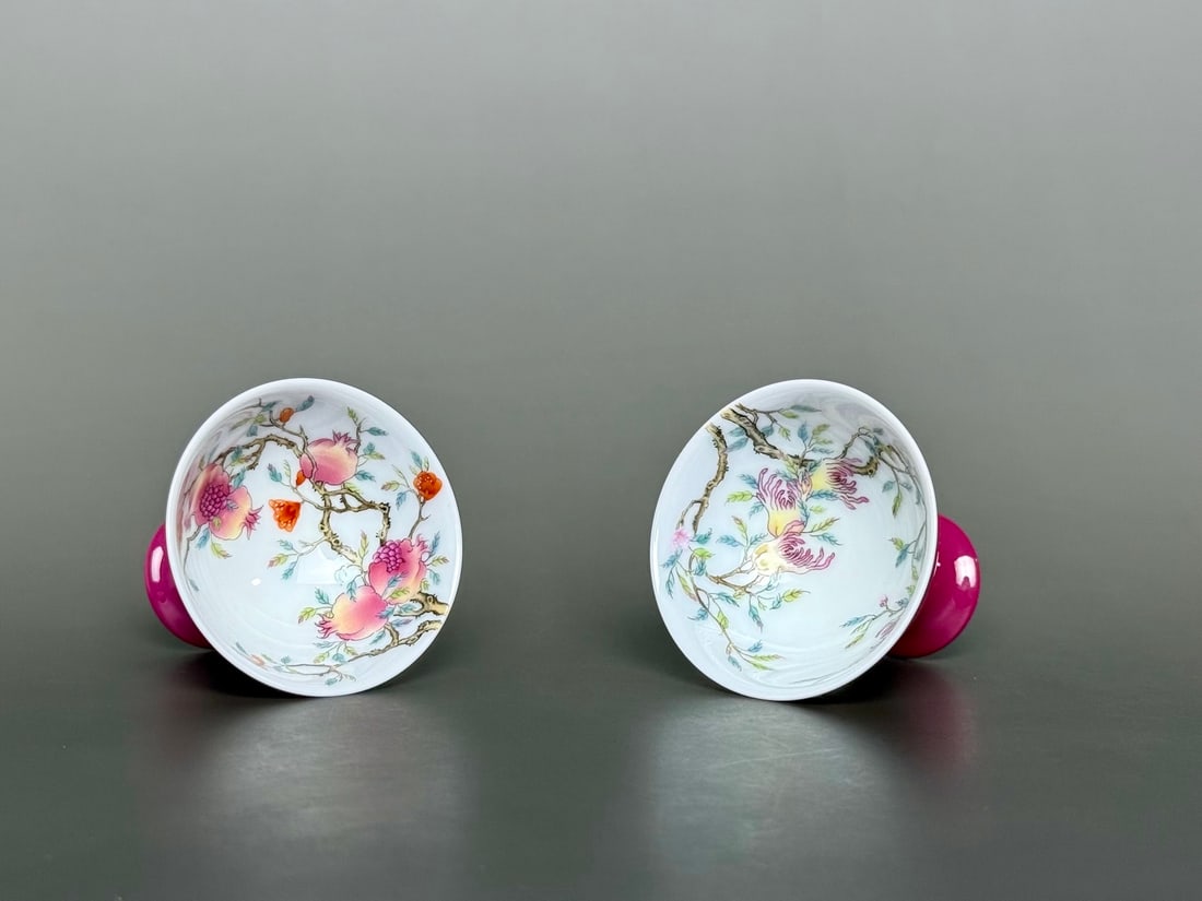 A Set of Fine Ruby Red-Glazed Enamel Fruit Pattern Stem Cups - 7