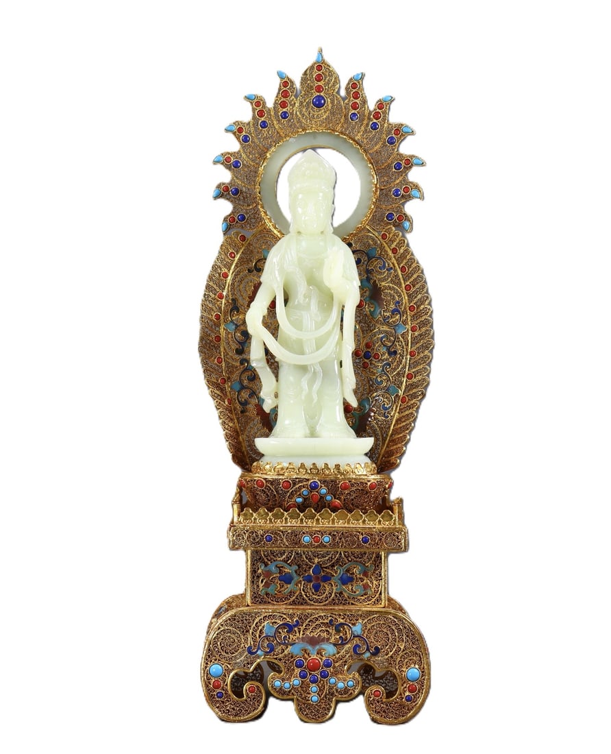 An Exquisite Filigree and Gilding Inlaid White Jade Statue of Bodhisattva,Inlaid Gems: An Exquisite Filigree and Gilding Inlaid White Jade Statue of Bodhisattva,Inlaid Gems,Qing Dynasty,China,Qianlong Four-character Mark,Size:16.7inx5.9inx3in,Weight:1683g 花丝鎏金