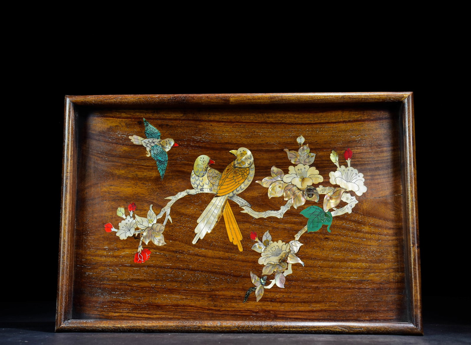 A Rare Huanghuali wood Inlaid Shell Flower and Bird Pattern Plate: A Rare Huanghuali wood Inlaid Shell Flower and Bird Pattern Plate,Qing Dynasty,China,Size:1.5inx14.6inx9.8in 黄花梨木镶贝壳花鸟纹盘,&#