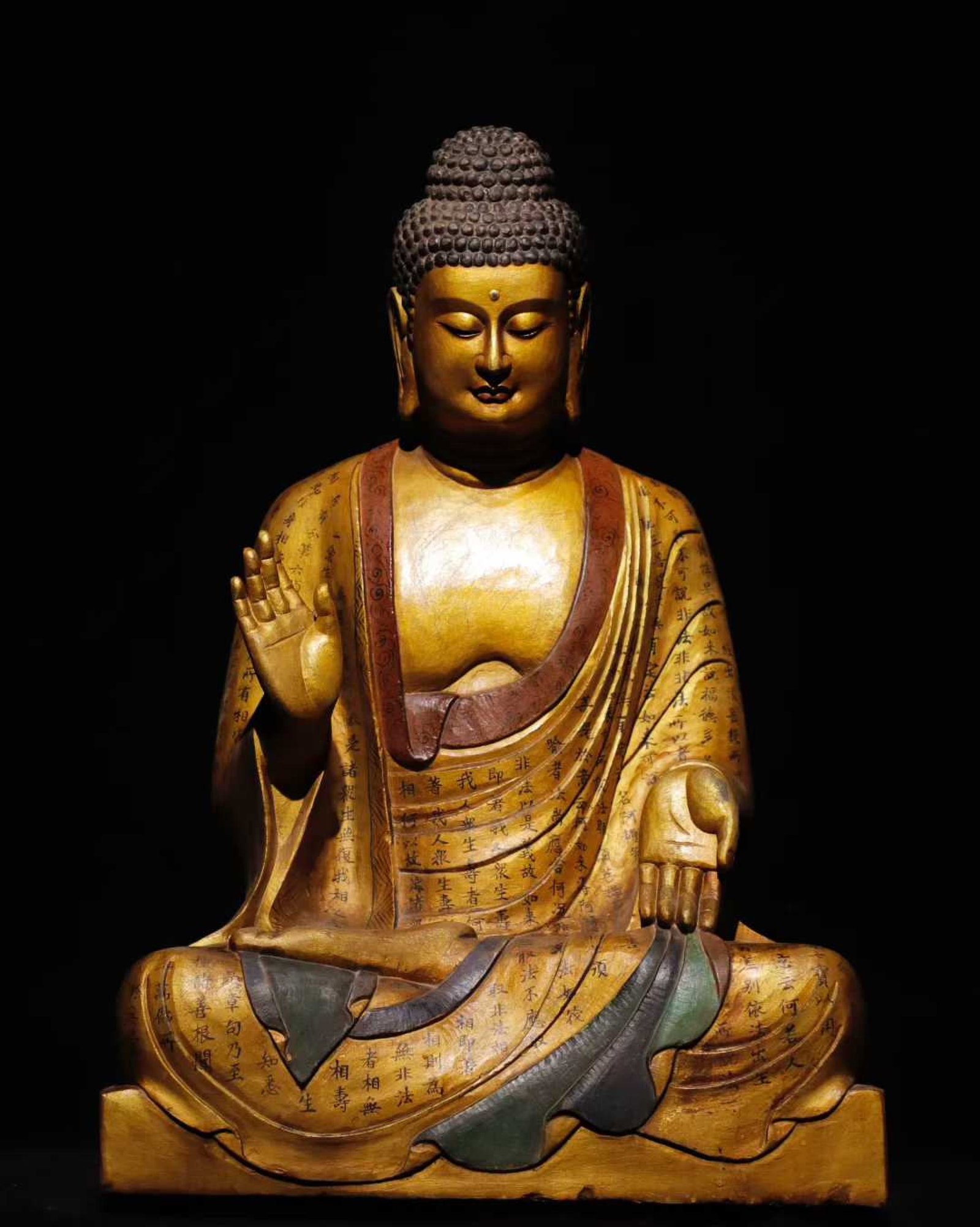 A Solemn Limestone Gilt Painted Color Statue of Sakyamuni,With Scriptures: A Solemn Limestone Gilt Painted Color Statue of Sakyamuni,With Scriptures,Tang Dynasty,China,Size:26.8inx18.5inx12.6in