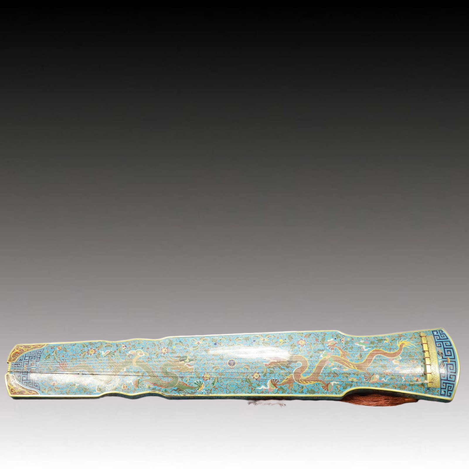 An Exquisite Cloisonne Dragon Pattern 'qin' Ornament: An Exquisite Cloisonne Dragon Pattern 'qin' Ornament,Qing Dynasty, China,Qianlong Four-character Mark,Size:49.2inx7.9inx3.5in,Weight:9650g 景泰蓝龙纹琴摆Ê