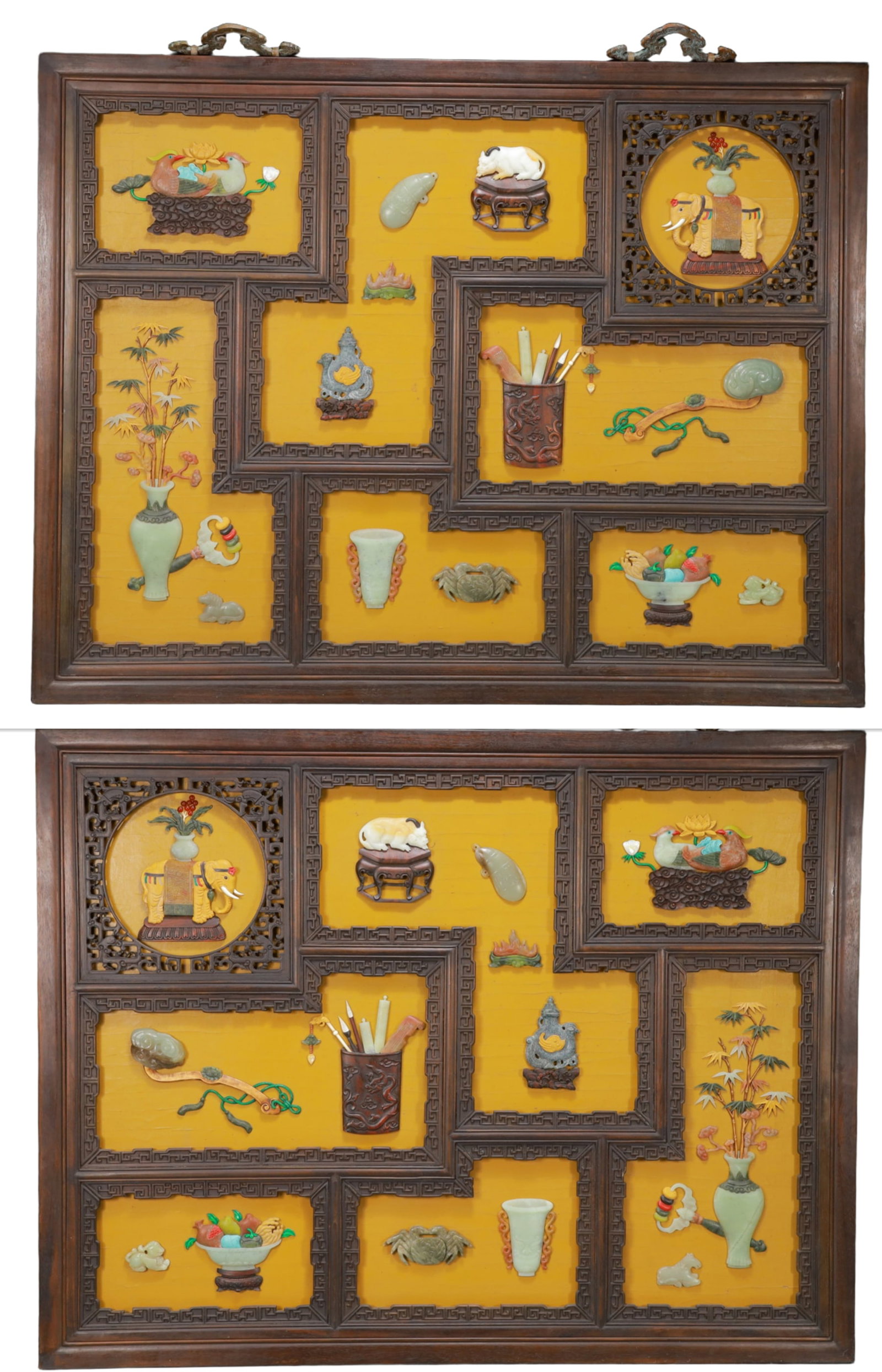 A Exquisite A pair of Zitanwood Inlaid Gems Flower and Bird Pattern Hanging Panel: A Exquisite A pair of Zitanwood Inlaid Gems Flower and Bird Pattern Hanging Panel Qing Dynasty, China , Size:35.4inx1.4inx27.6in Weight:20900g