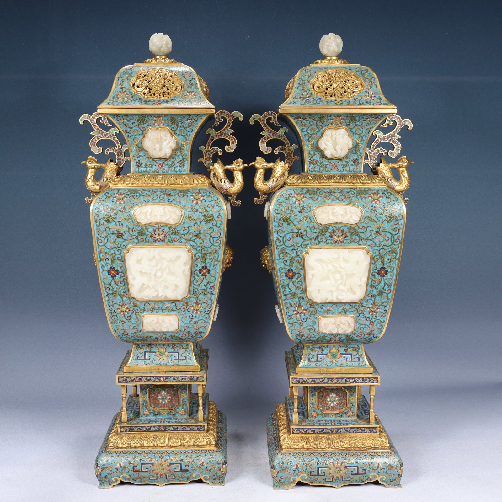 A Pair of Huge Cloisonne Inlaid White Jade Lotus and Dragon Pattern Phoenix Bottles,With Base: A Pair of Huge Cloisonne Inlaid White Jade Lotus and Dragon Pattern Phoenix Bottles,With Base,Qing Dynasty, China,Qianlong Six-character Mark,Size:7.9inx27.6in,Weight:21800g