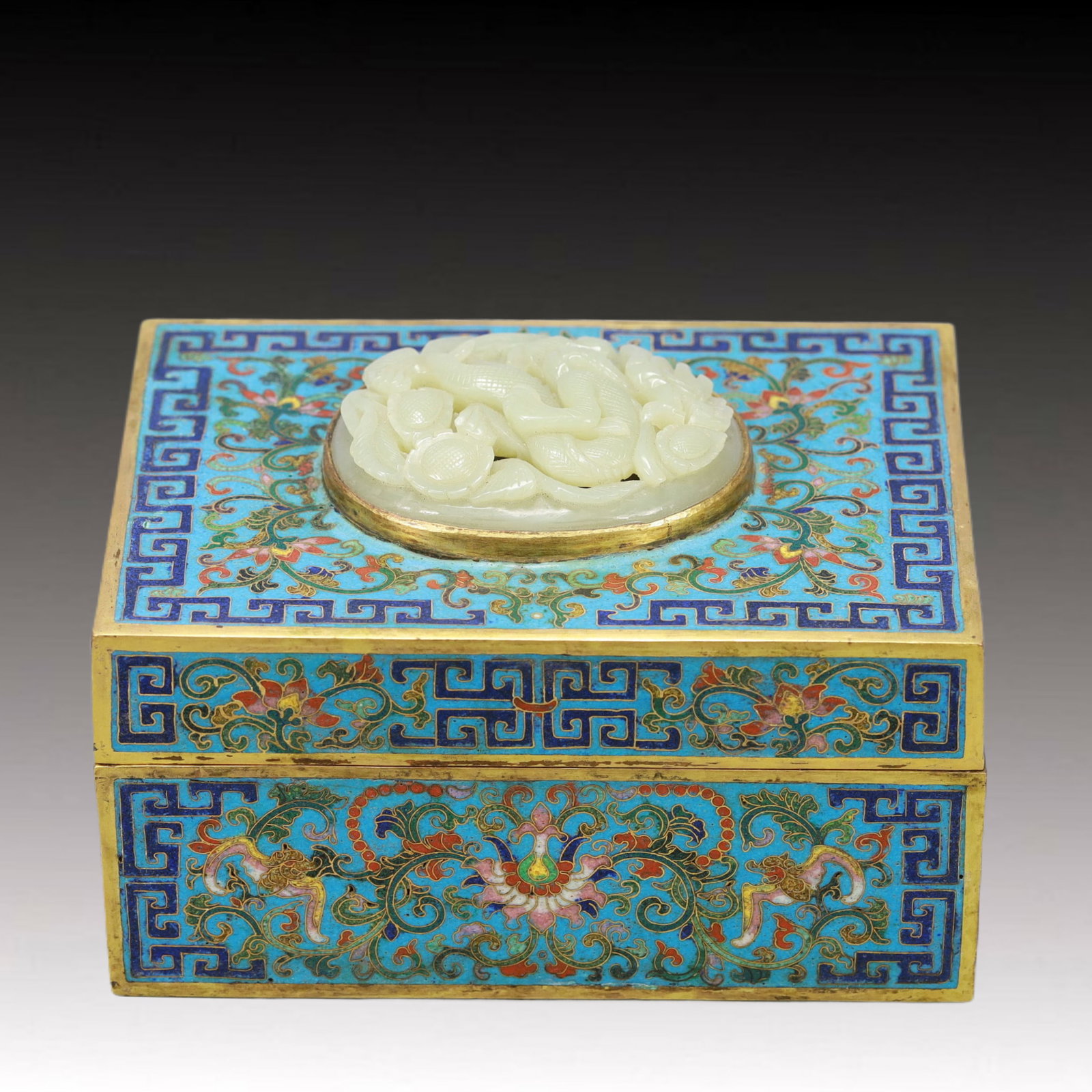 An Exquisite Cloisonne Lotus and Bats Pattern Cover Box,Inlaid White Jade: An Exquisite Cloisonne Lotus and Bats Pattern Cover Box,Inlaid White Jade,Qing Dynasty,China,Qianlong Four-character Mark,Size:6.5inx4.7inx3.1in,Weight:1800g 景泰蓝缠枝&#