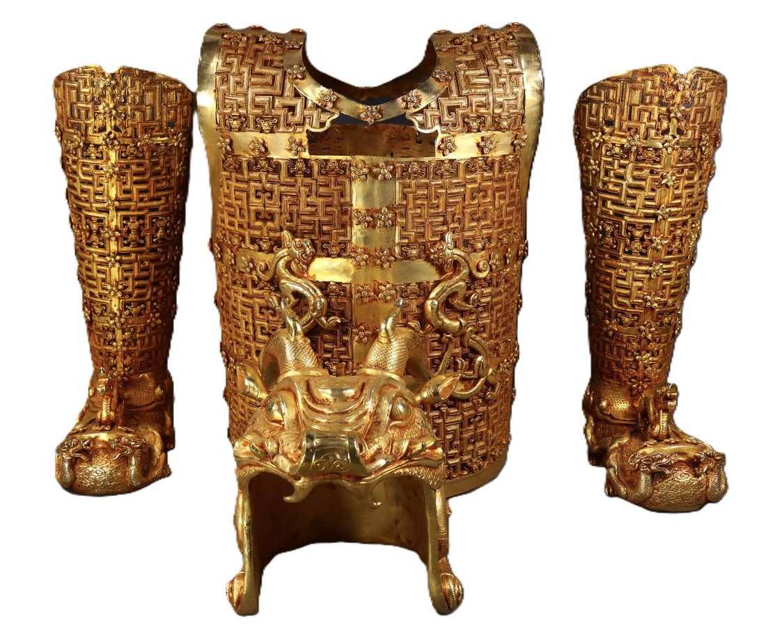 A Set of Fine Gilt Bronze Dragon Pattern Ornaments: A Set of Fine Gilt Bronze Dragon Pattern Ornaments,Qing Dynasty,China,Size:(Hat)9.6inx10.2inx7.9in,(Carment)18.5inx13.4inx10.6in,(Boots)16.9inx9.4inx6.5in,Weight:20030g