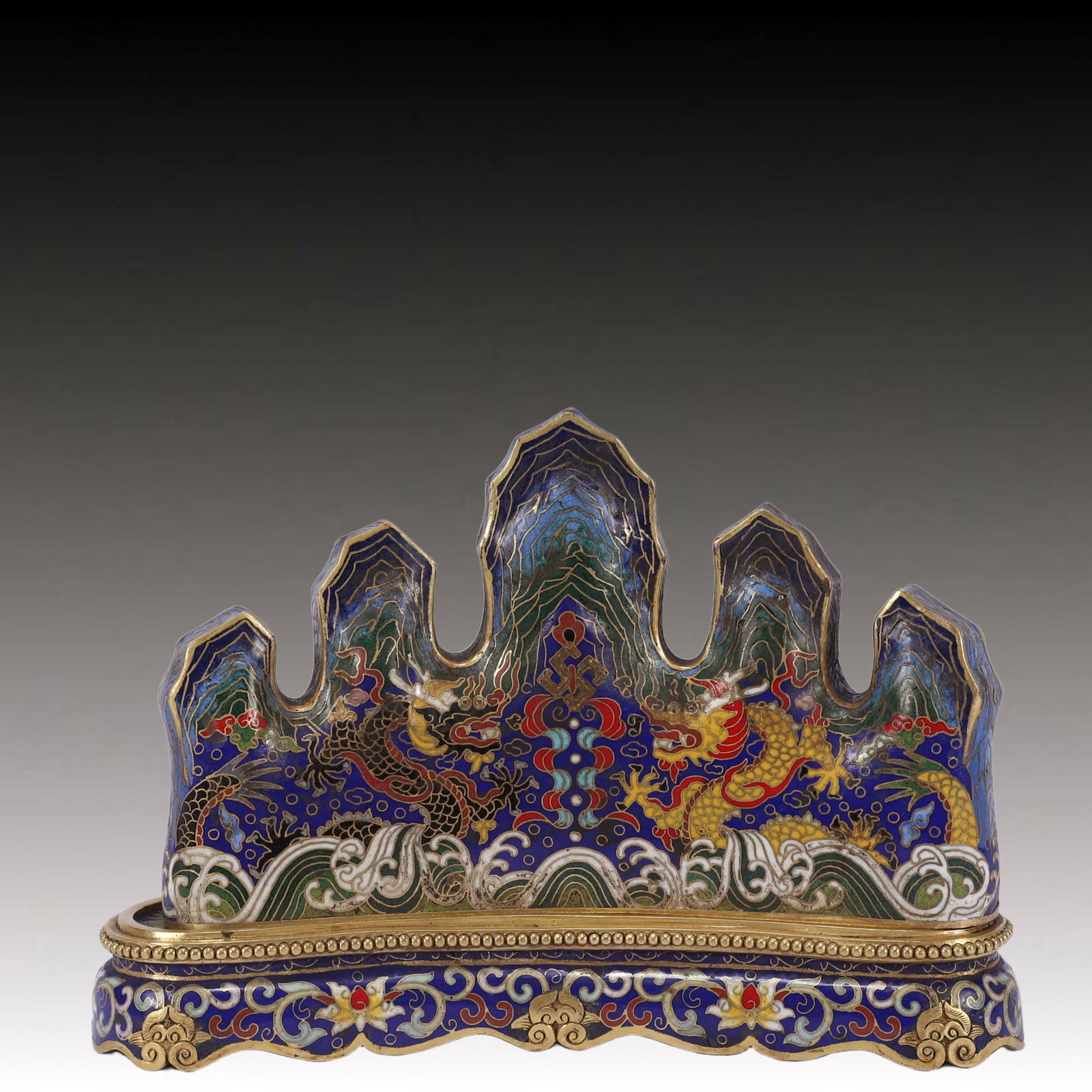 An Exquisite Cloisonne Seawater and Dragon Pattern Rockery Brush Holder: An Exquisite Cloisonne Seawater and Dragon Pattern Rockery Brush Holder,Qing Dynasty, China,Qianlong Six-character Mark,Size:9.1inx2.4inx6.3in,Weight:2900g