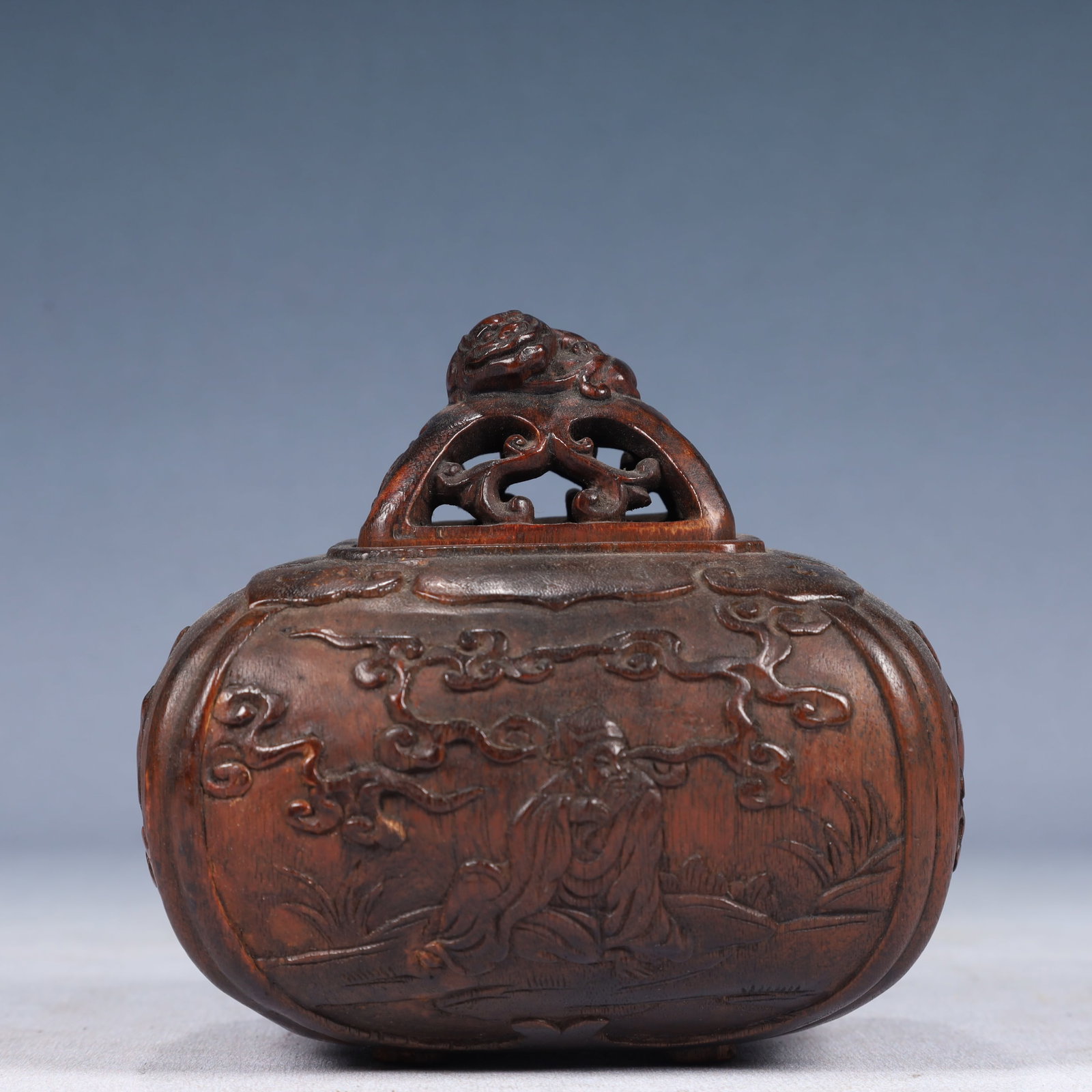 An Exquisite Redwood Gourd and Figure Pattern Censer: An Exquisite Redwood Gourd and Figure Pattern Censer,Qing Dynasty, China,Size:4.7inx3.9inx5.1in,Weight:250g 沉香木葫芦人物纹香炉,中
