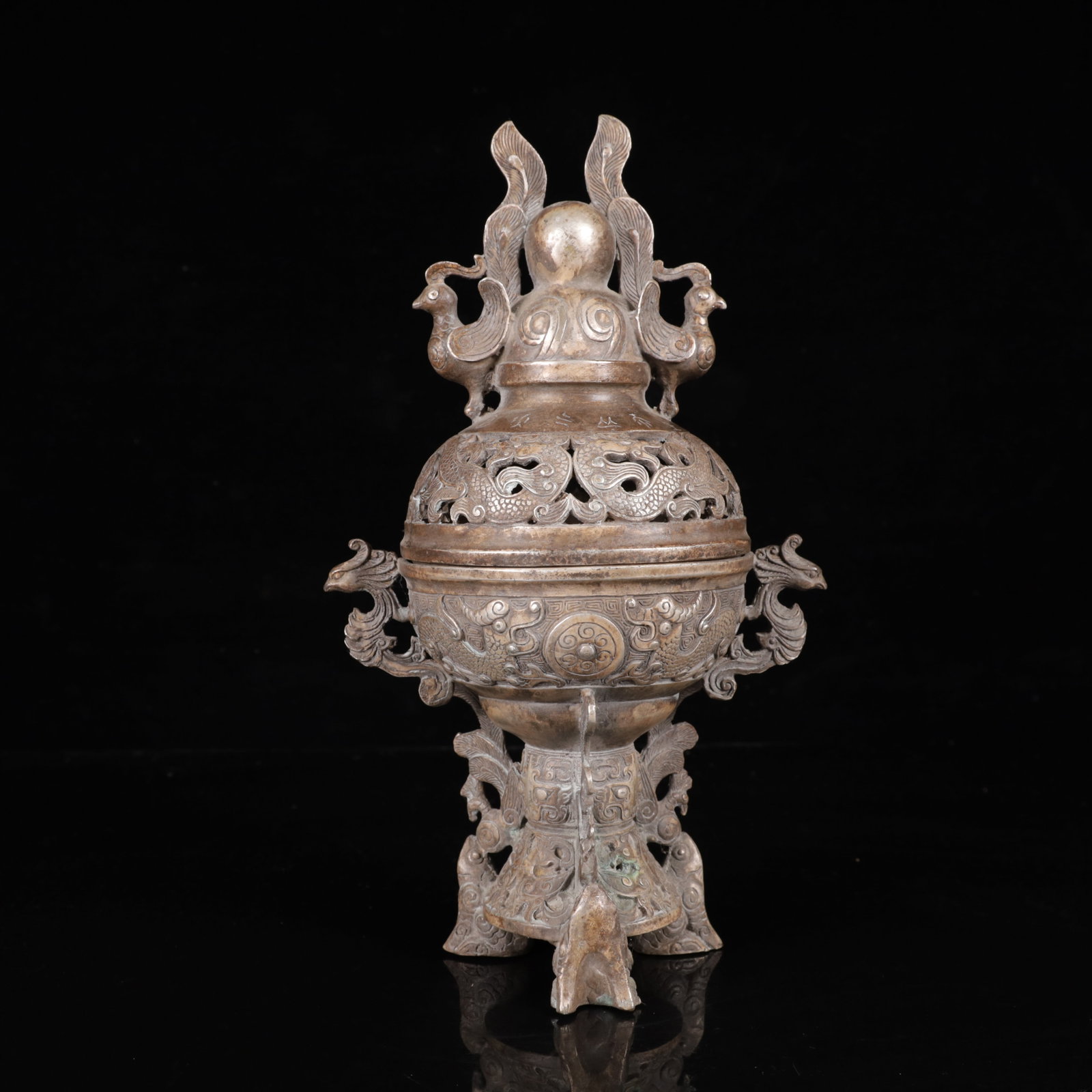 An Exquisite Silver-Plated Bronze Auspicious Beast Pattern Phoenix-Ears and Beast Legs Censer: An Exquisite Silver-Plated Bronze Auspicious Beast Pattern Phoenix-Ears and Beast Legs Censer,Qing Dynasty,China,Size:6.7inx4.5inx11.4in,Weight:1450g