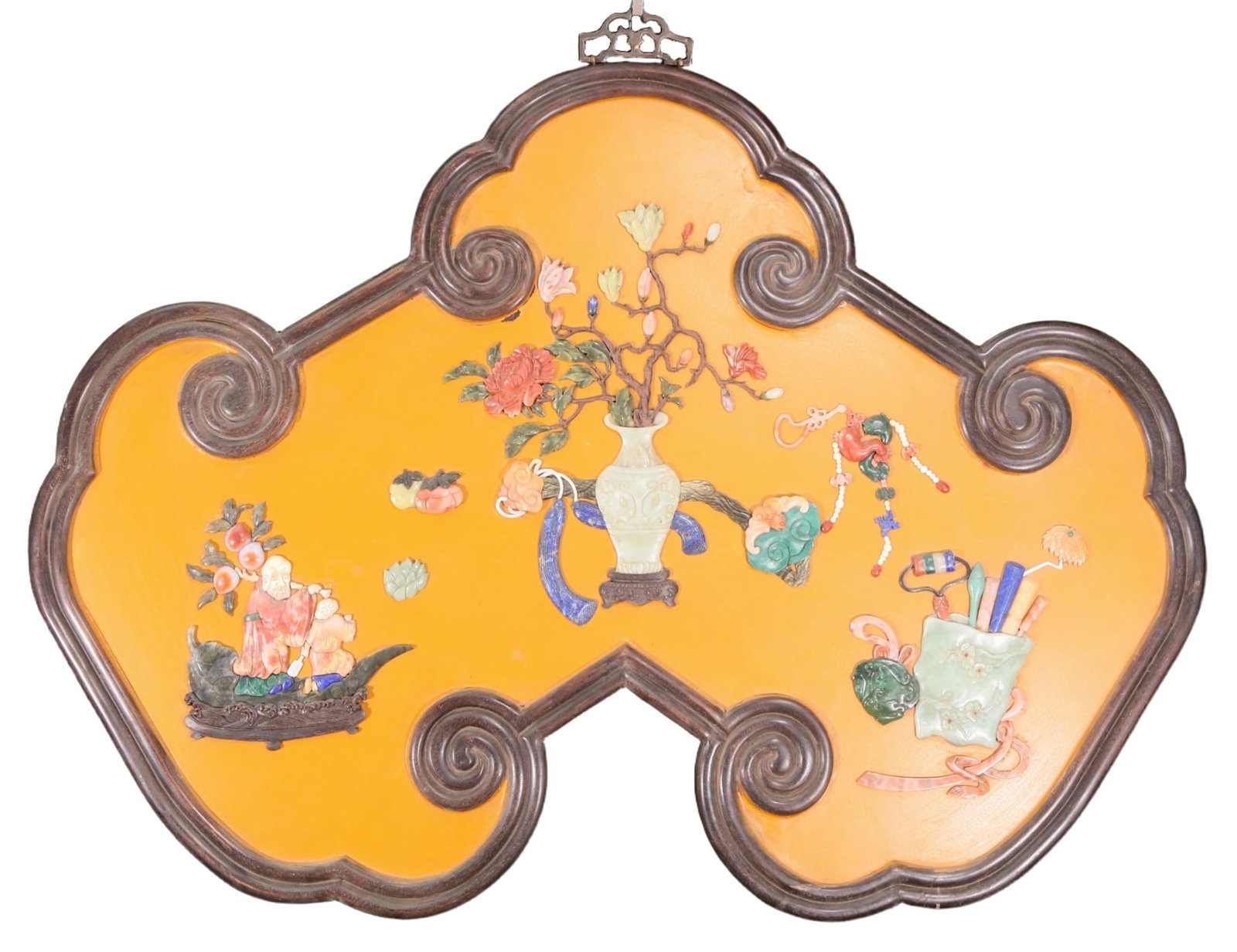 An exquisite zitanwood lacquered vase pattern hanging screen: An exquisite lacquered zitanwood hanging screen with a vase pattern inlaid with gems, Qing Dynasty , China. This hanging screen is an exquisite work of art. It uses zitanwood as the base material and