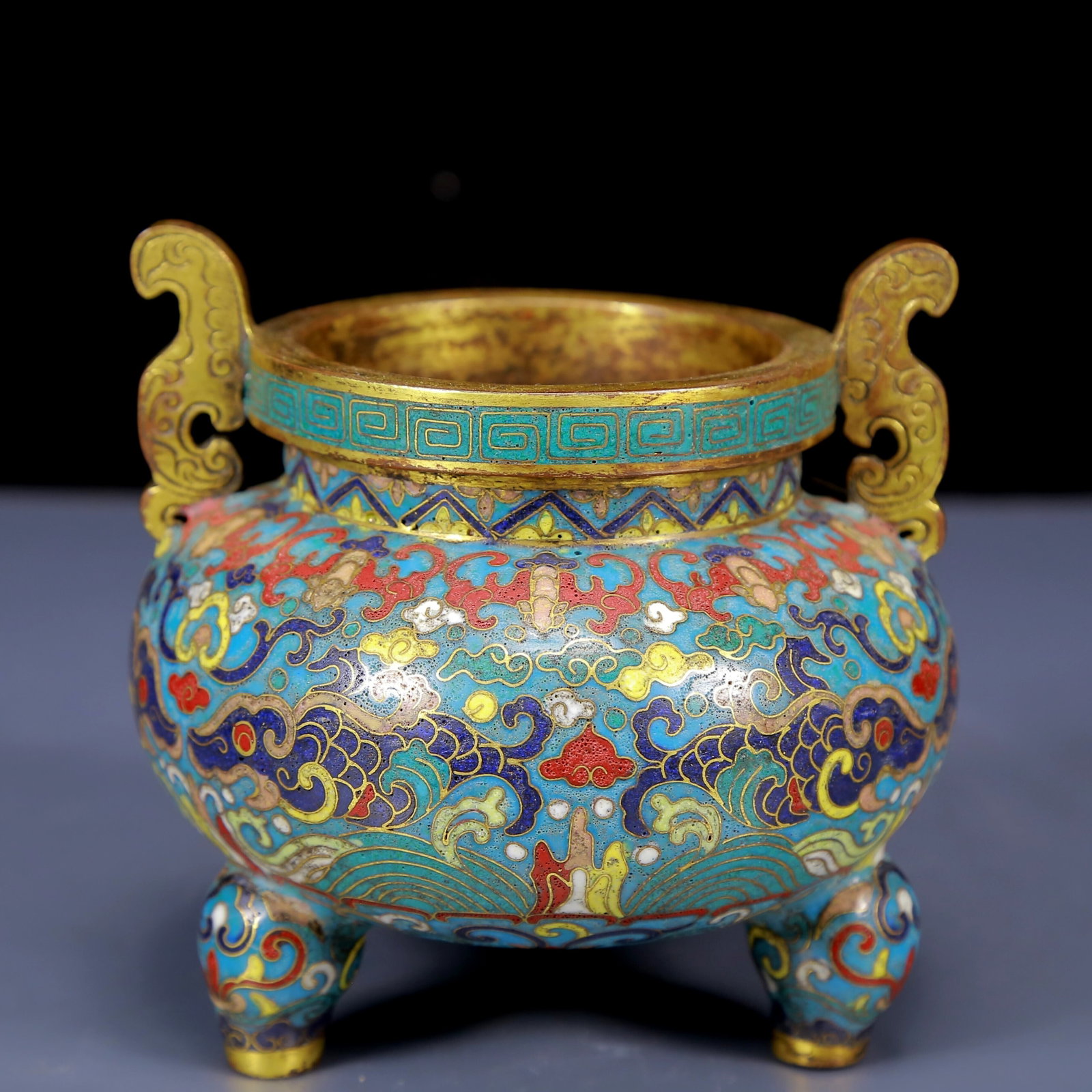 An Exquisite Cloisonne Auspicious Beast Pattern Double-Ears and Tripod Censer: An Exquisite Cloisonne Auspicious Beast Pattern Double-Ears and Tripod Censer,Qing Dynasty, China,Qianlong Six-character Mark,Size:5.1inx4.9in,Weight:865g