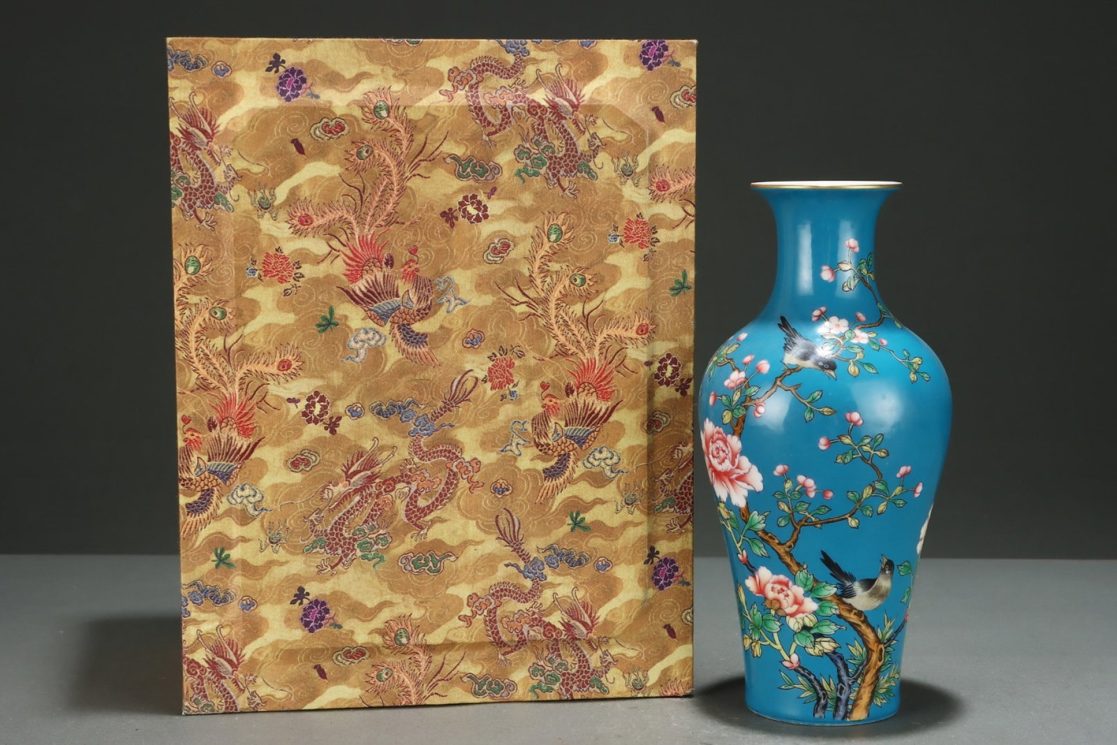 An Exquisite Blue Ground Famille-Rose Painted Gold Flower and Bird Pattern Vase,with poem: An Exquisite Blue Ground Famille-Rose Painted Gold Flower and Bird Pattern Vase,with poem,Qing Dynasty,China,Yongzheng Four-character Mark,Size:9.7inx4.6in
