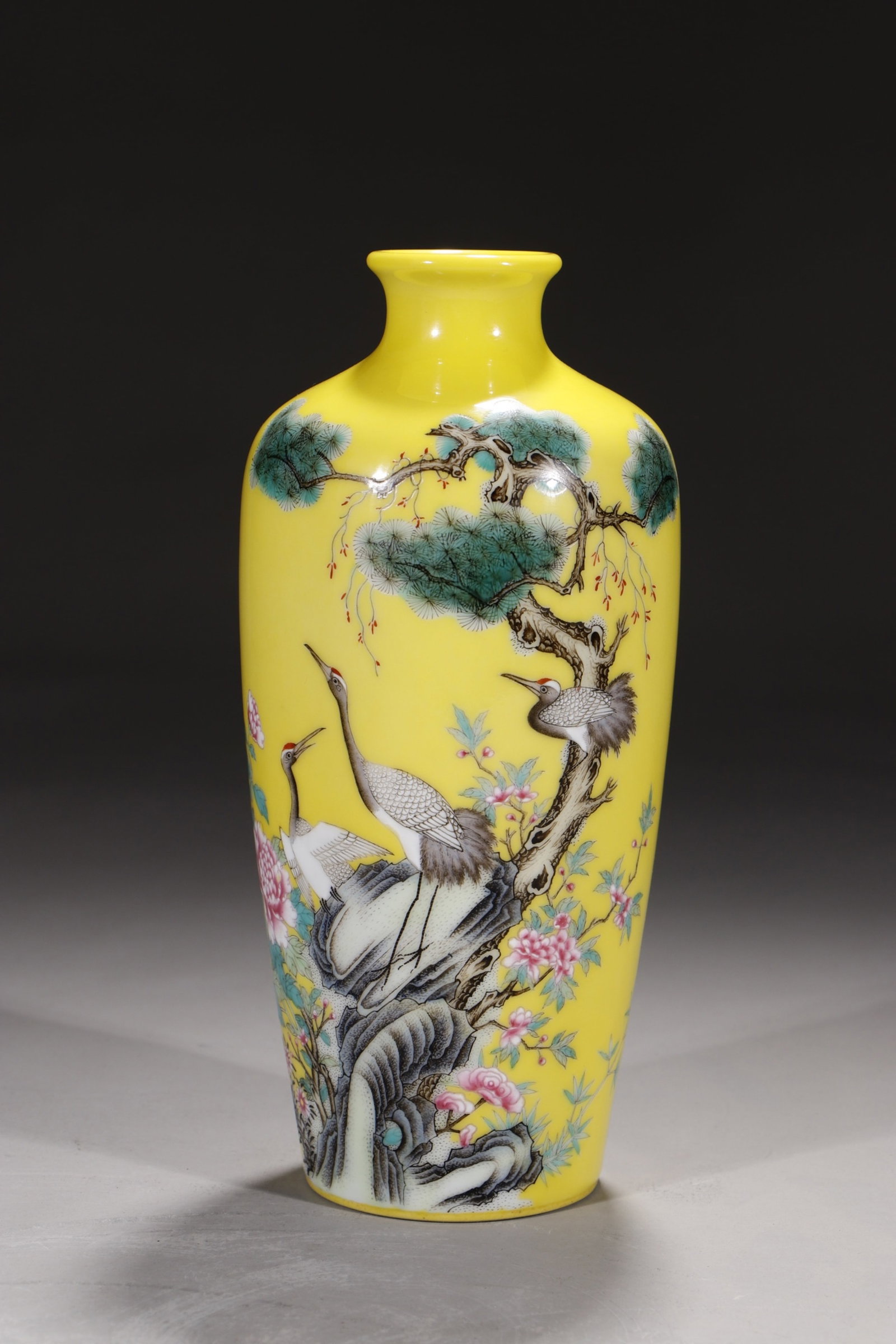 An Exquisite Yellow Ground Enamel Pine and Crane Pattern Vase,with poem: An Exquisite Yellow Ground Enamel Pine and Crane Pattern Vase,with poem,Qing Dynasty,China,Yongzheng Four-character Mark,Size:9.8in