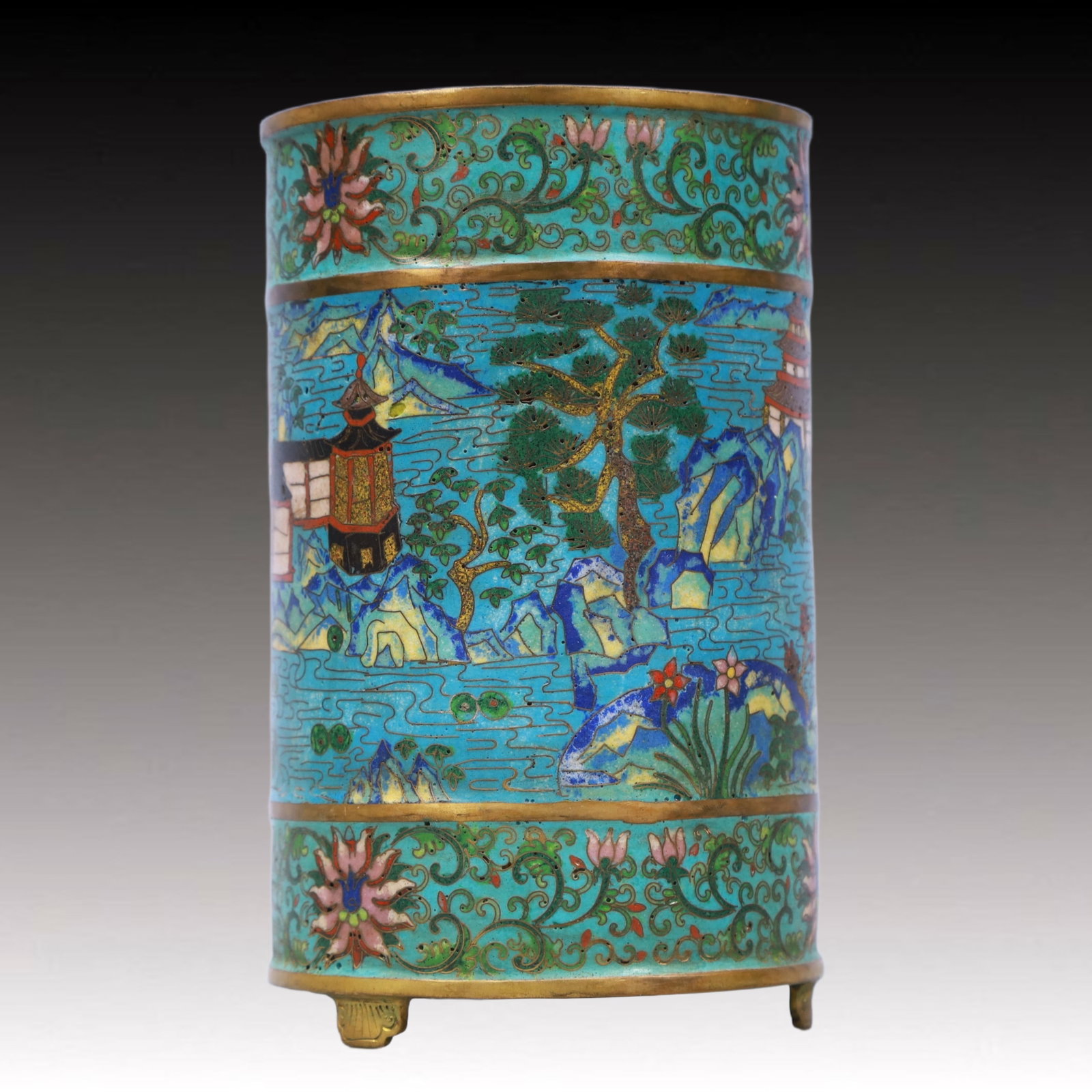 An Exquisite Cloisonne Landscape Pattern Brush Pot: An Exquisite Cloisonne Landscape Pattern Brush Pot,Qing Dynasty, China,Qianlong Four-character Mark,Size:4.1inx6.7in,Weight:1250g 景泰蓝山水纹笔筒,È