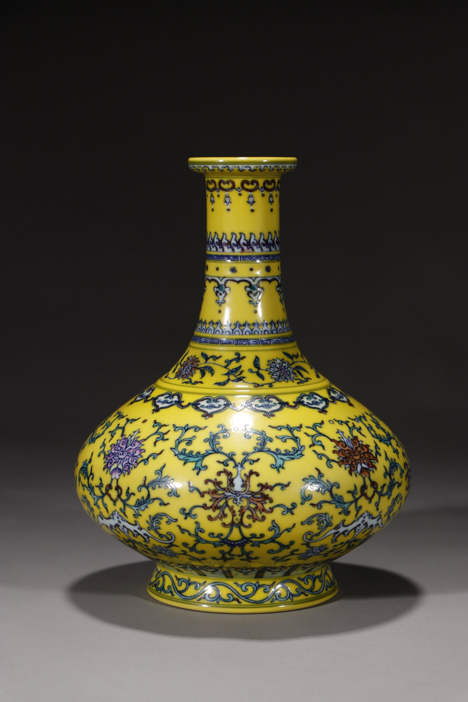 An Exquisite Yellow Ground Doucai Lotus Pattern Vase: An Exquisite Yellow Ground Doucai Lotus Pattern Vase,Qing Dynasty,China,Yongzheng Six-character Mark,Size:10.3in