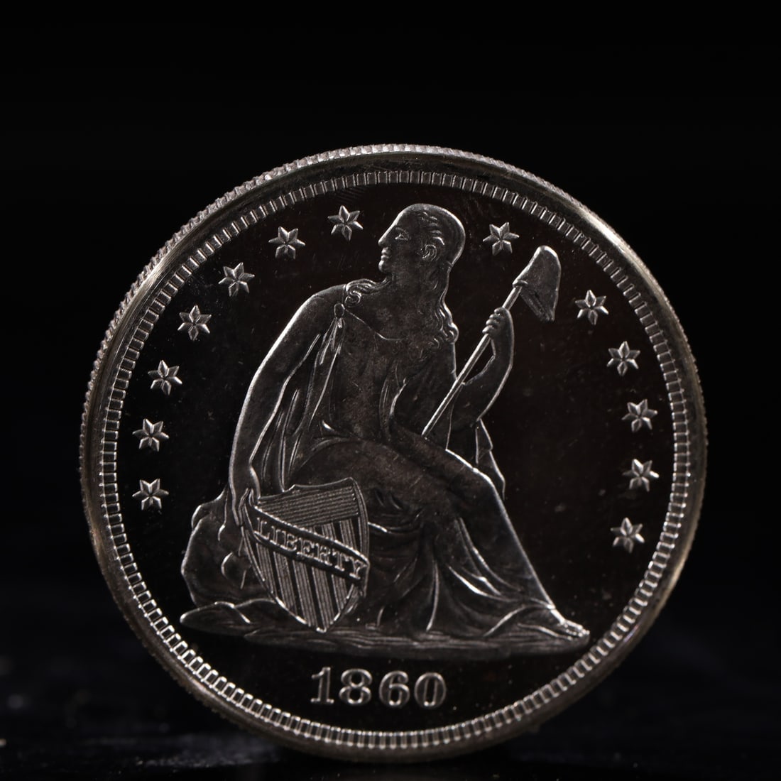 USA One Dollar 1860 Coin: American coin. IN GOD WE TRUST / LIBERTY / 1860 / UNITED STATES OF AMERICA / ONE DOL. Mint Mark: O.Weight:26.9g.
